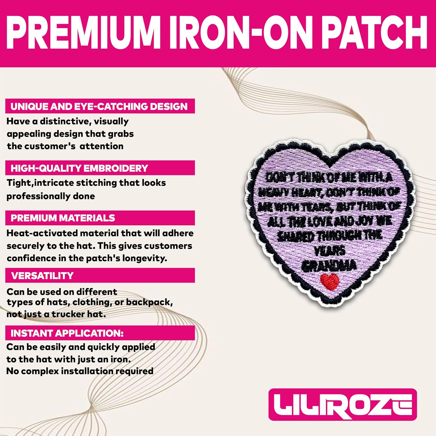 Loving Memorial Family Patch 3 Inches Memory Heart Family Memories Gifts Remembrance Iron On/Sew On Embroidery Fabric Applique Patches for Trucker Hats Clothes DIY Accessories (Style 3, Grandma) image 4