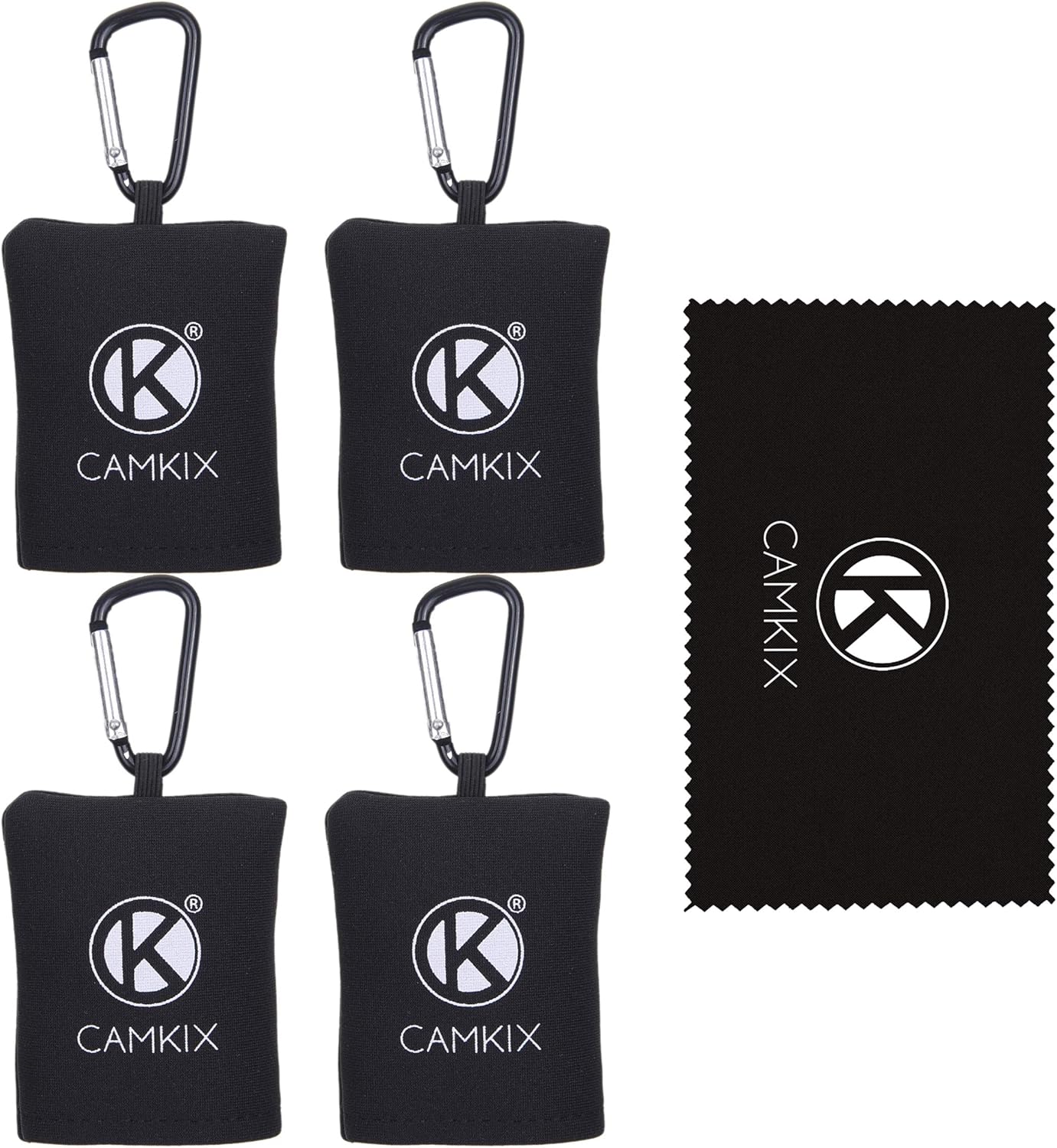 Camkix Cleaning Cloth with Open Bottom Pouch and Carabiner - 4 Pack - Pull Out Microfiber Cloth (7.9 x 7.9) - For Delicate Surfaces and Sensitive Optics - Glasses, Camera Lenses, Gadget Screens