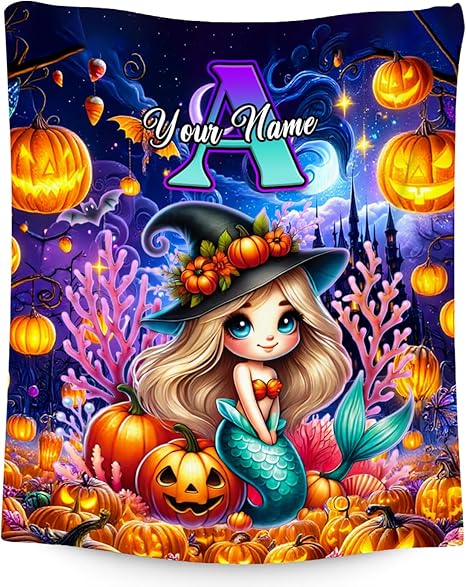 Halloween Blanket Gifts, Personalized Mermaid Blanket for Girls, Custom Initial Gifts for Kids, Fluffy Flannel Throw for Sofa Living Room (4 Sizes Choose)
