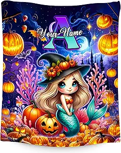 Halloween Blanket Gifts, Personalized Mermaid Blanket for Girls, Custom Initial Gifts for Kids, Fluffy Flannel Throw for Sofa Living Room (4 Sizes Choose)