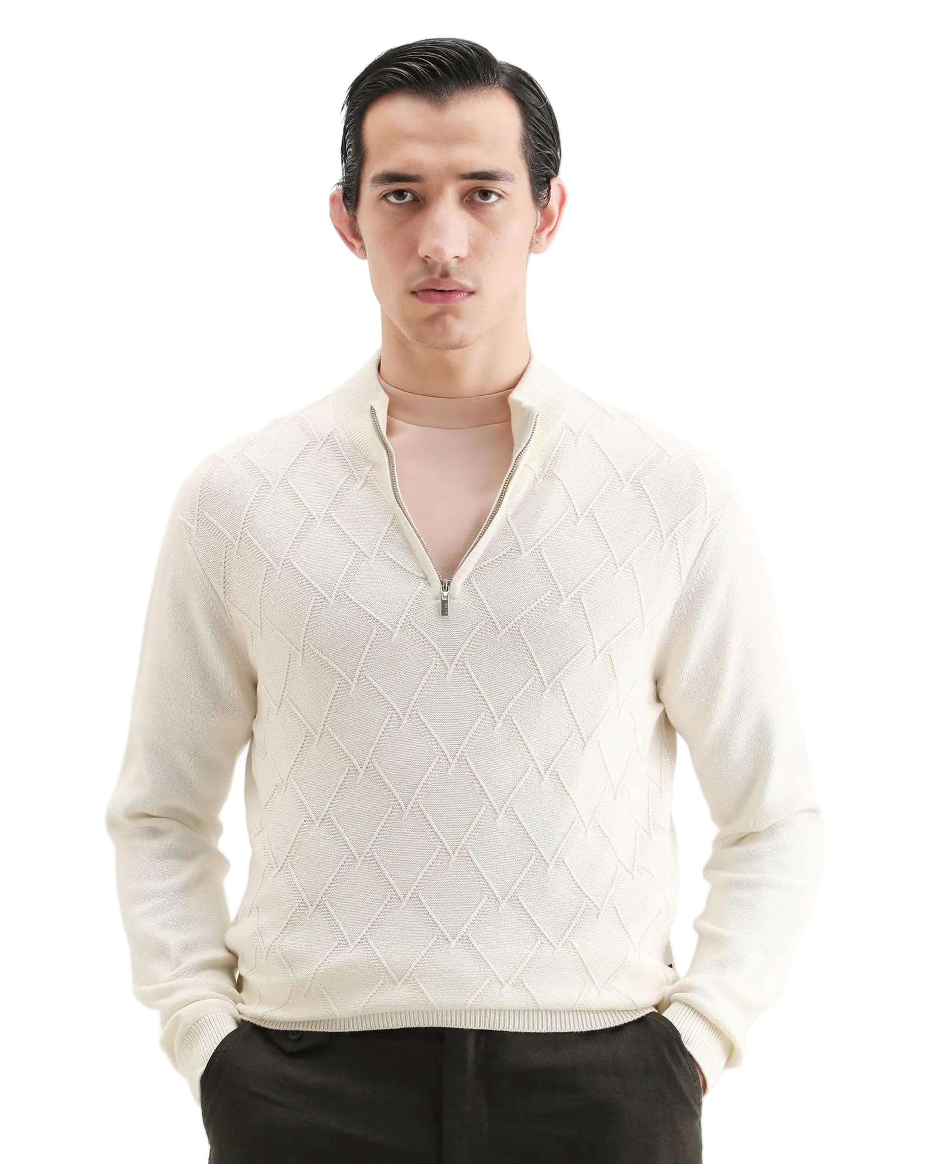 rare rabbit Men's Toyder Regular Fit Geometric Cotton High Neck Long Sleeve Sweater | Off White-picture-36
