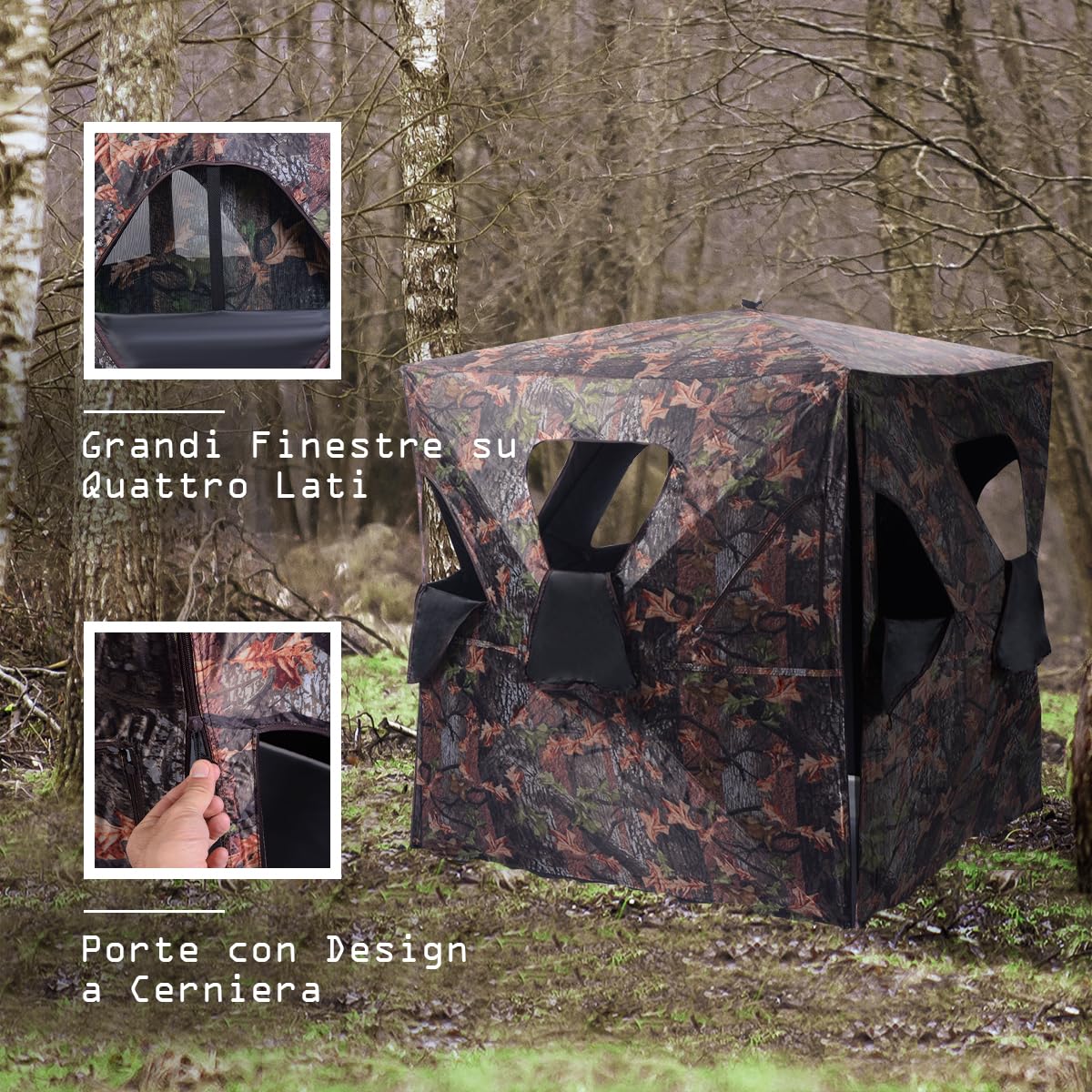 COSTWAY Tenda da Caccia Portatile per 3 Persone con Visione a 360°, Tenda a Terra Impermeabile con Borsa, Cinghie e Picchetti