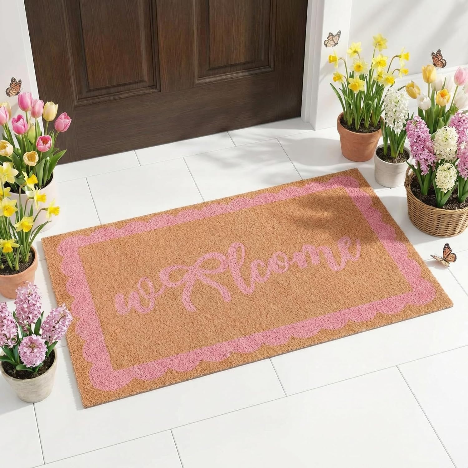 Pink Bow Welcome Doormat 29 x 17 Inch Coquette Mat with Heavy Duty Backing Cute Coconut Coir Door Mat for Home Indoor Outdoor Front Door Porch Entryway Decor