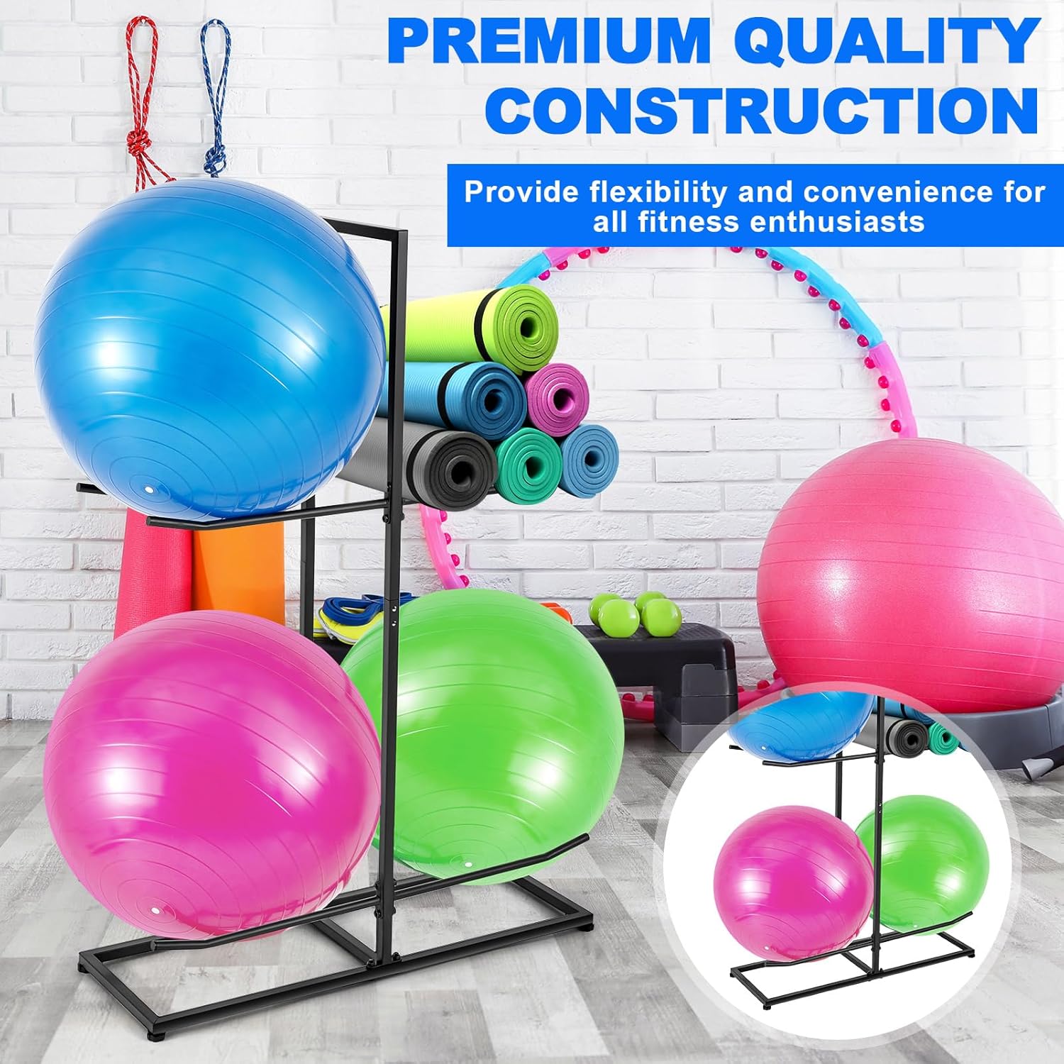 Blulu Exercise Ball Holder, Stability Ball Rack, Exercise Ball Storage Racks Suitable for Yoga Ball Stability Ball Yoga Mats Home and Commercial Gym