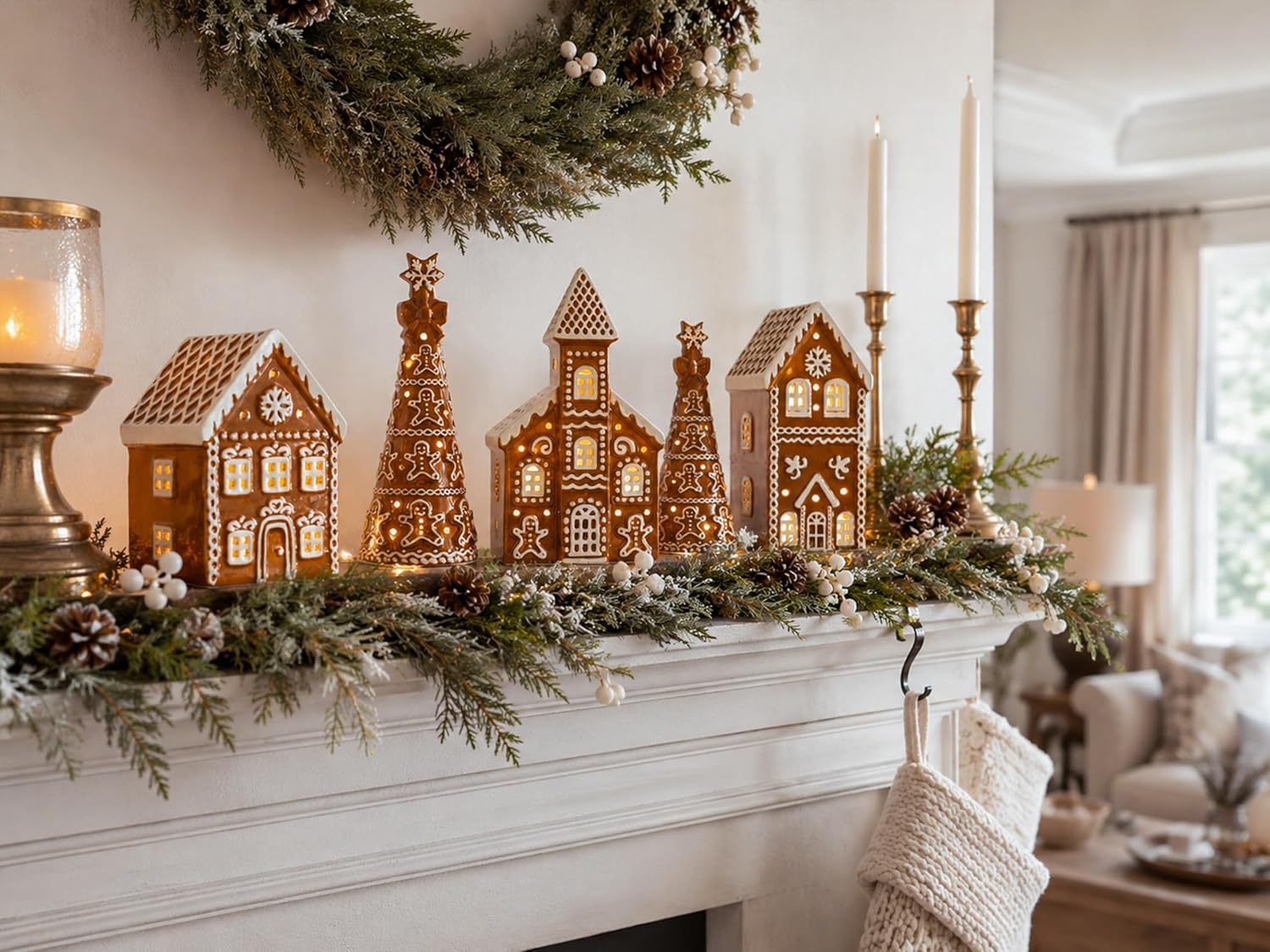 Gingerbread Christmas Decorations 5PCS Gingerbread House Set w/Tea Lights