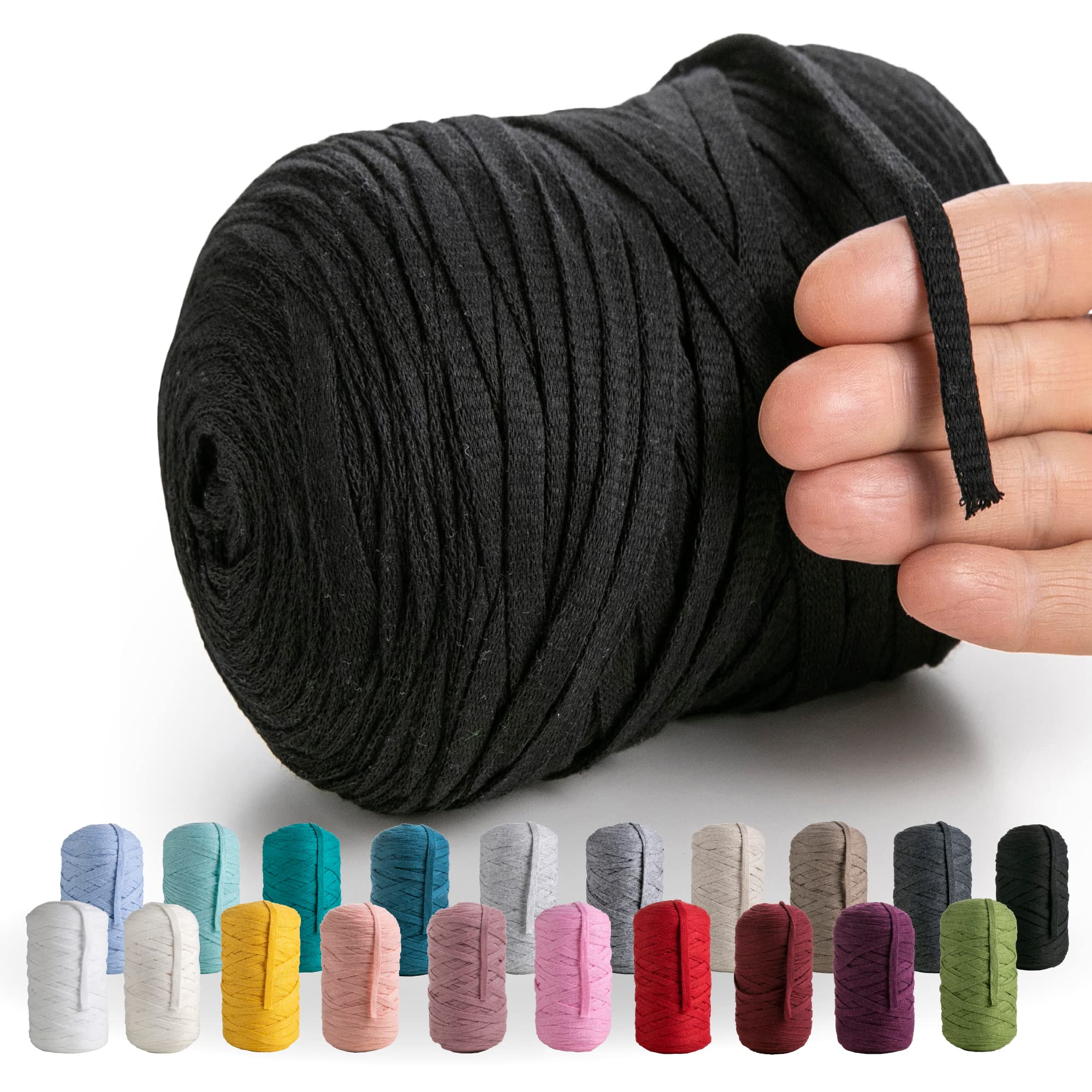 MeriWoolArt 10mm Black Cotton Thread for T-Shirt, Knitting, Macramé, Crochet, Weaving, Gift Ribbon, 150 Yards Cotton Ribbon (Black)