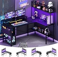 Aheaplus L-Shaped Gaming Desk with Power Outlets, LED Lights & Monitor Stand - Reversible Corner Desk for Home Office, Black