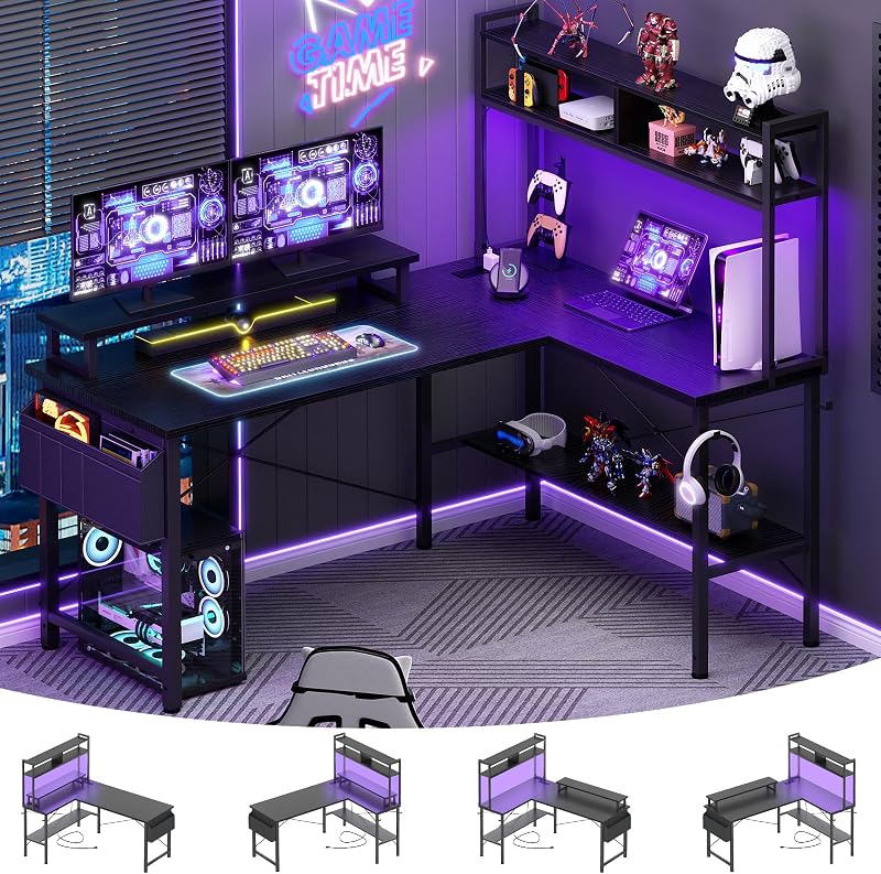 L Shaped Gaming Desk with Power Outlets & LED Lights, Black | Small L- Shaped Desk Computer Corner Desk with Monitor Stand & Shelf, Home Office Desk Writing Desk with Storage Bag & Hooks