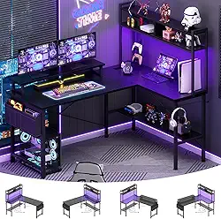 Aheaplus Mesa de jogos em forma de L com tomadas elétricas e luzes LED, mesa pequena em forma de L para computador com suporte para monitor e prateleira de armazenamento, mesa de escritório em casa
