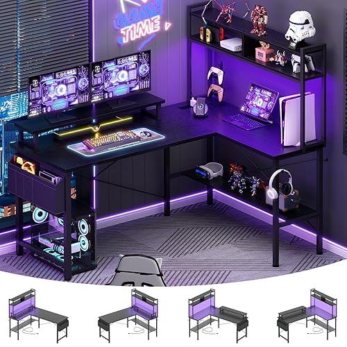 Aheaplus L Shaped Gaming Desk with Power Outlets & LED