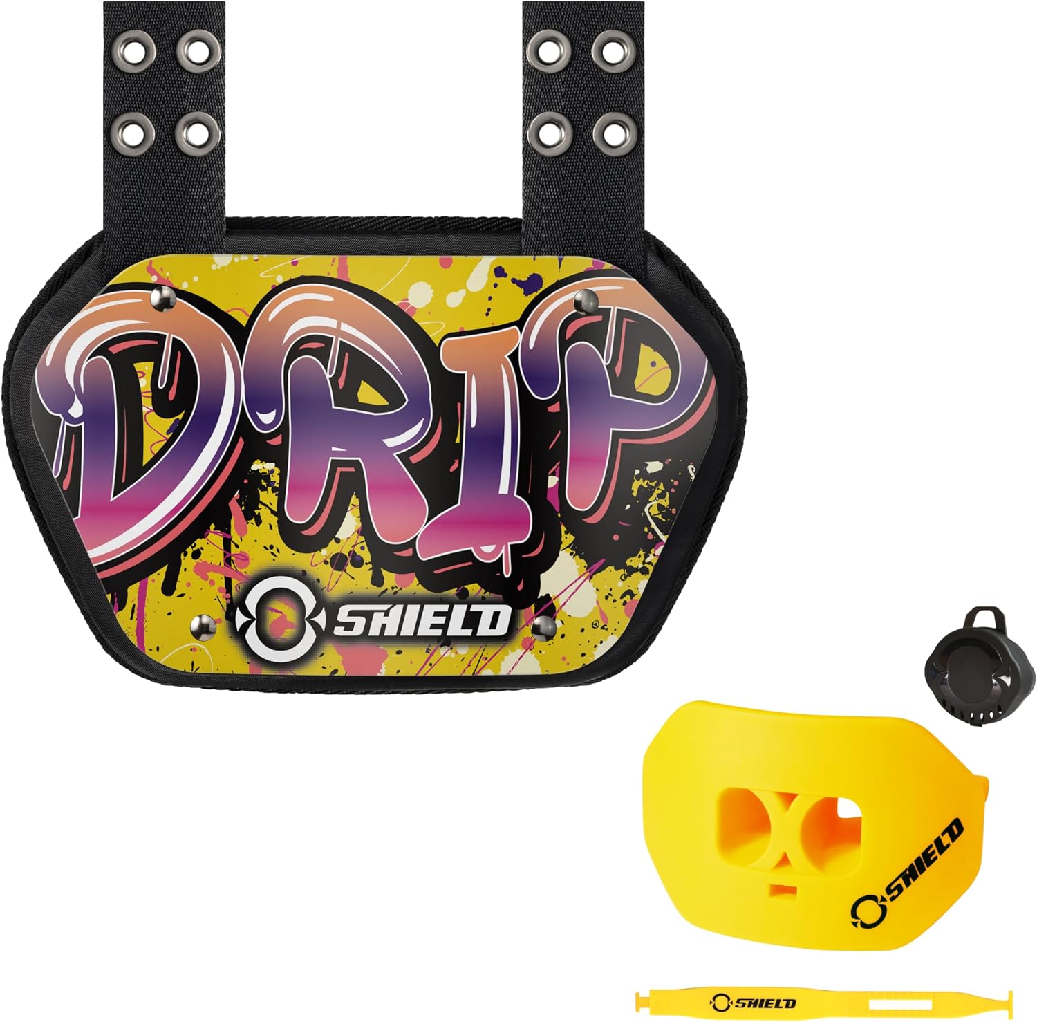 O Shield Drip Football Backplate with Yellow Mouthguard, Backplate Football with Mouthguard, Sold by Package, Youth Fit