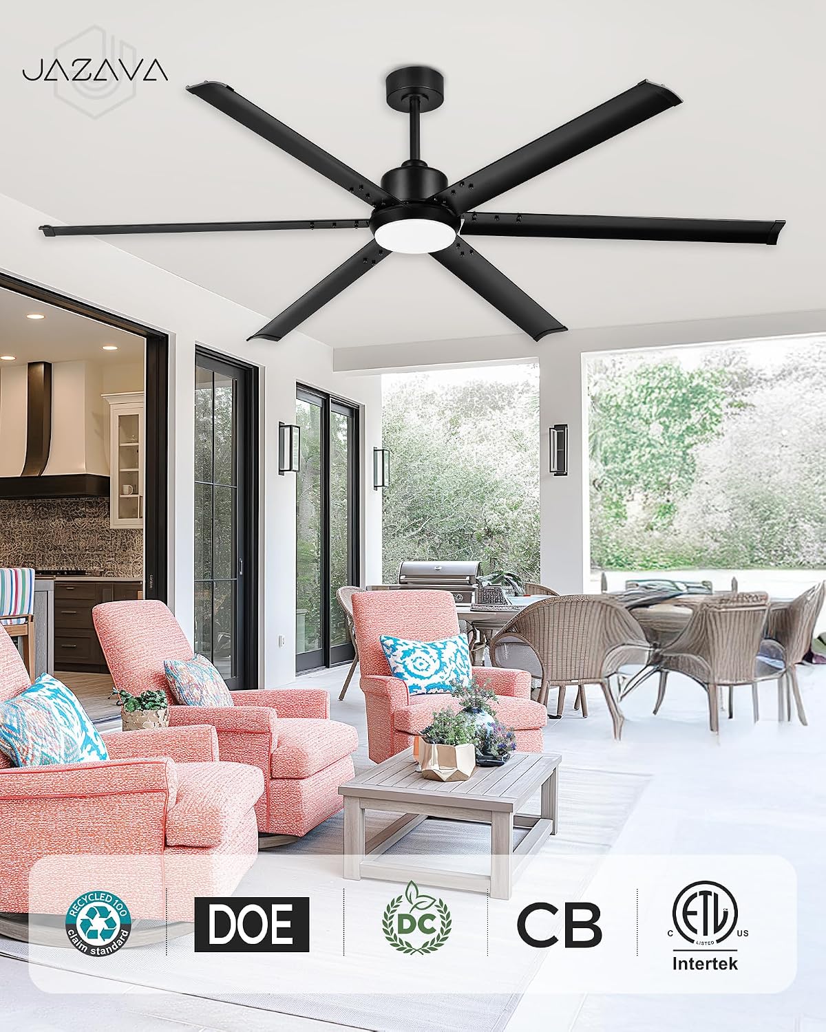 Diagram illustrating the dimensions and recommended room sizes for the JAZAVA 72-inch ceiling fan.