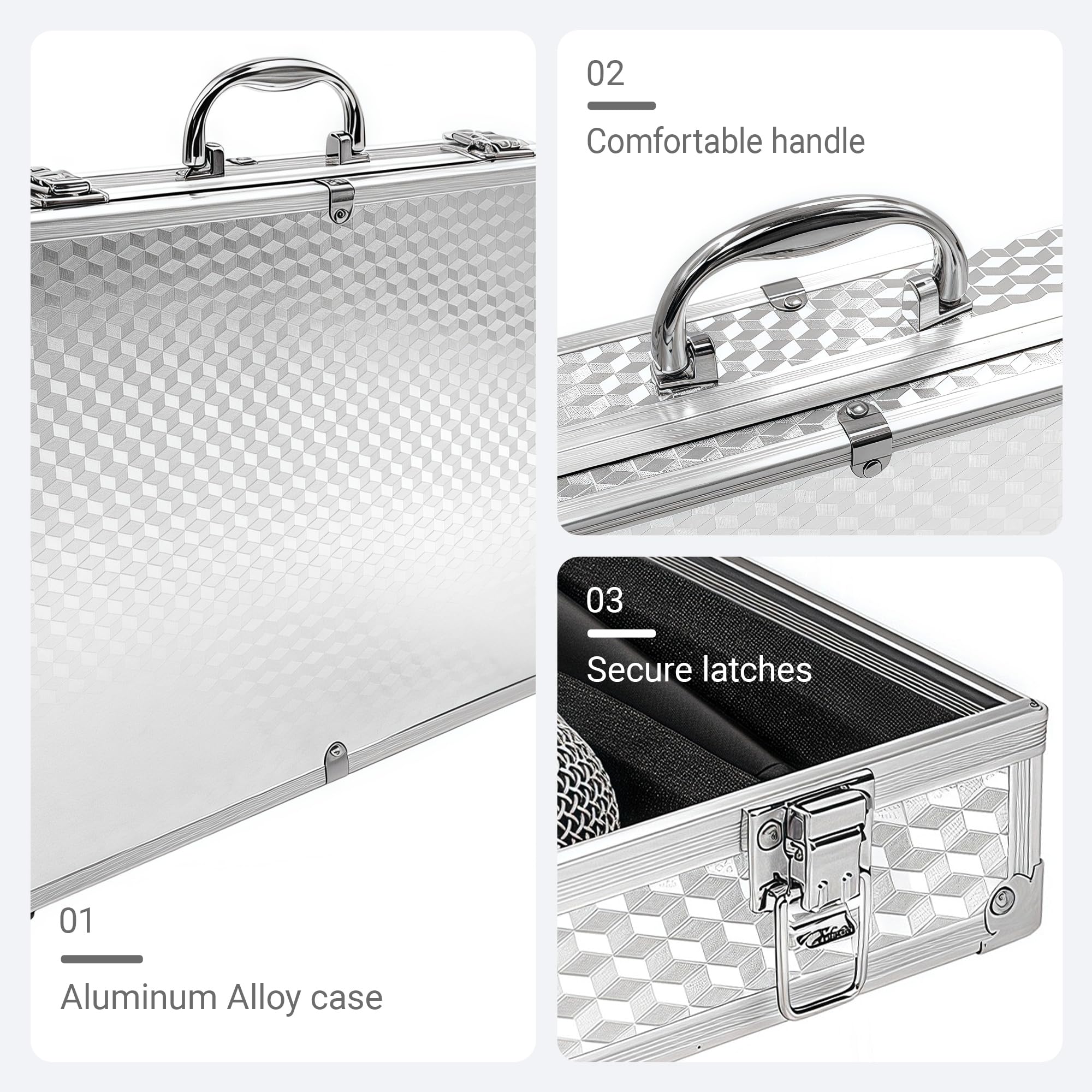 Musiin Audio Equipment Microphone Portable Case, with a sturdy aluminum alloy structure, suitable for storing and transporting audio equipment, wireless microphone systems, and camera gear (Silver)