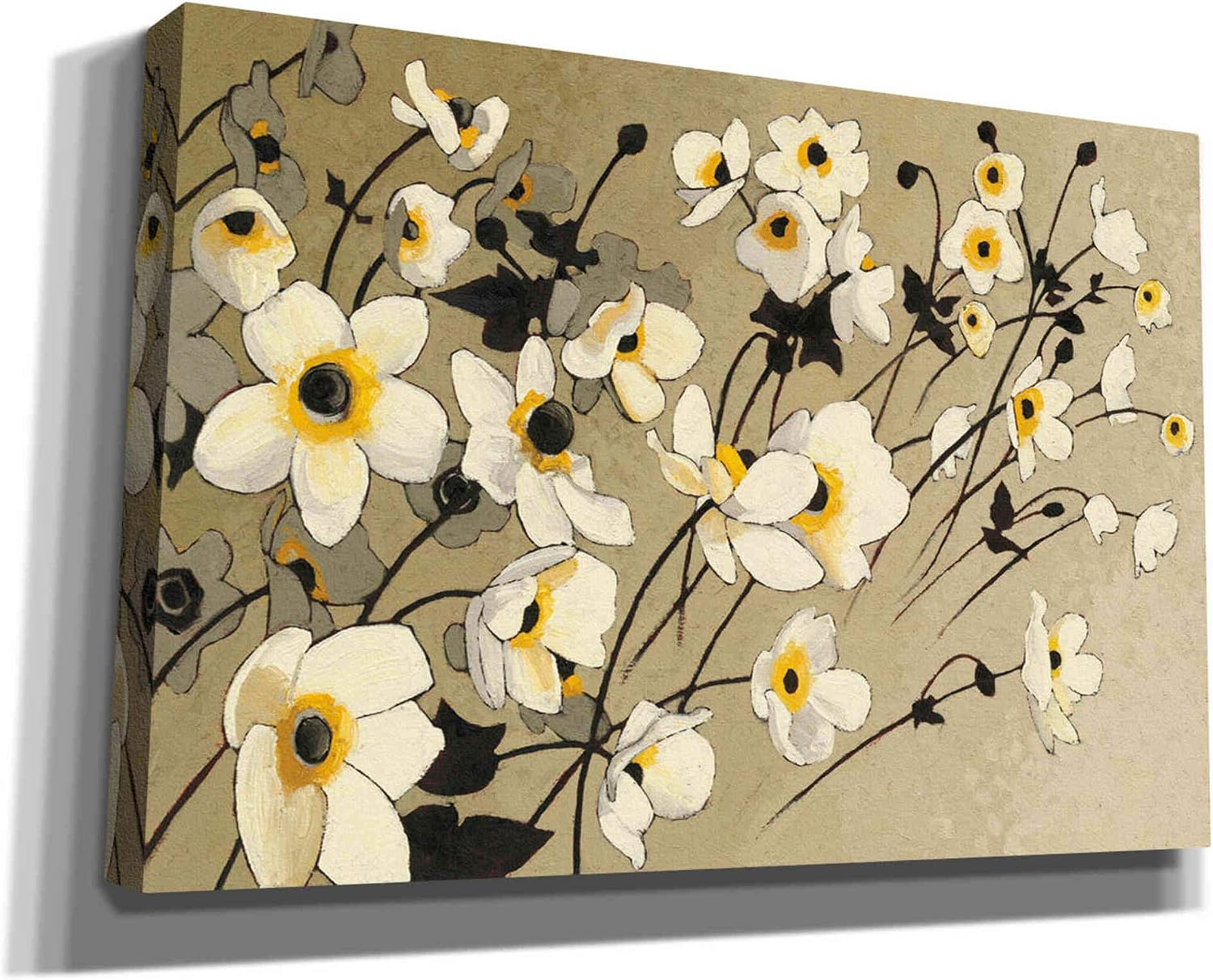 Epic Graffiti Anemones Japonaises Blancs Giclee Canvas Wall Art, Beige