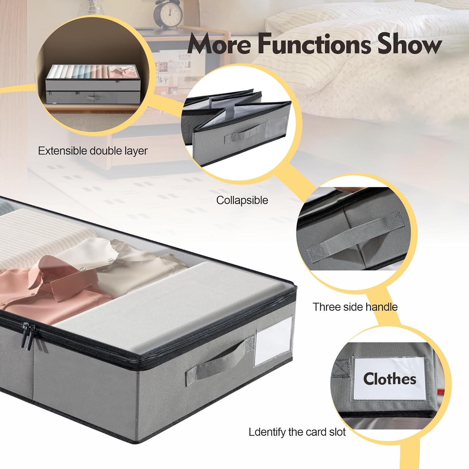 Supowin Large Under Bed Storage Containers, 2-Pack Double Layer Underbed Storage Bins with 3 Handles, 70L Extensible/Closed Clothes Storage Organizer with Sturdy Bottom Sidewalls, Grey