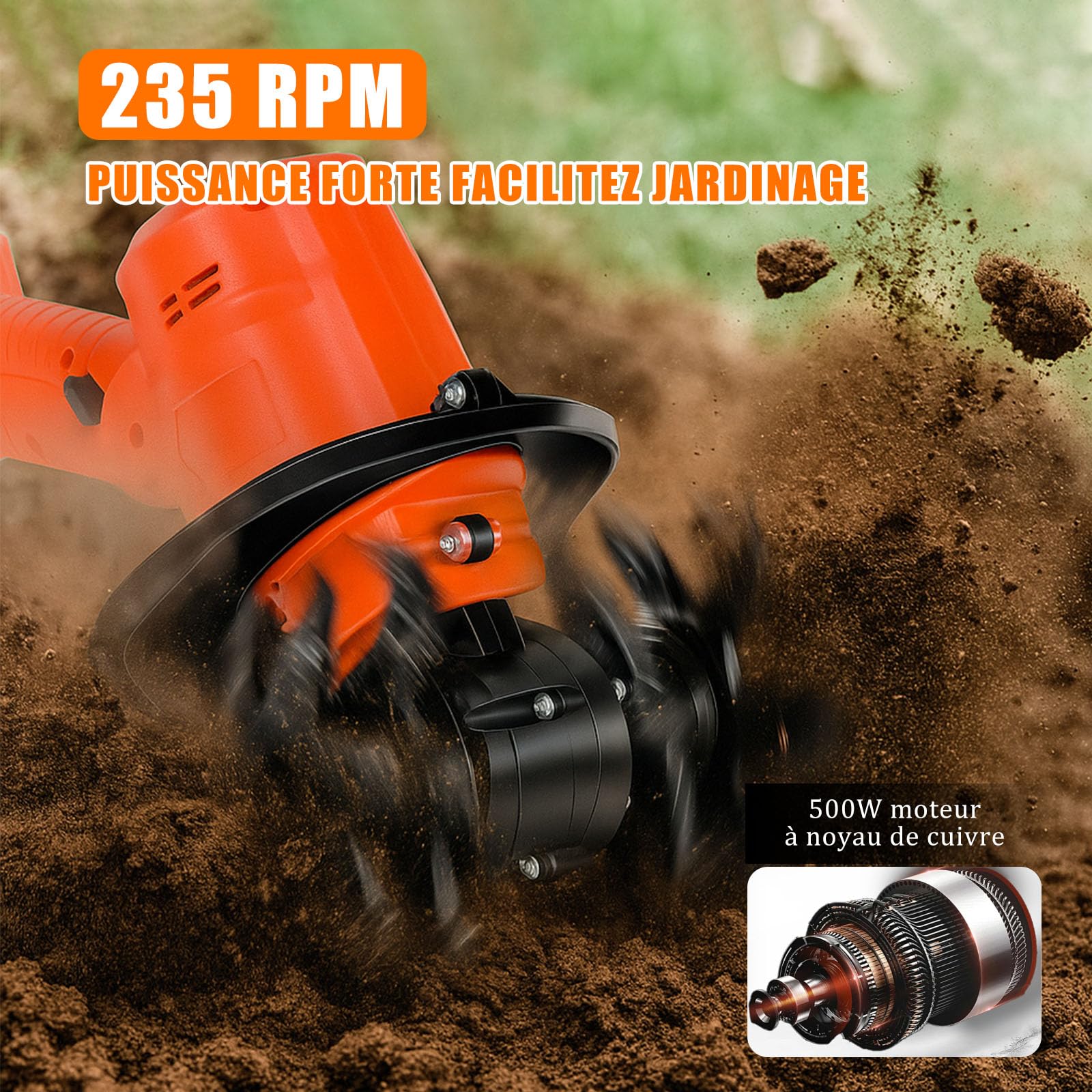Motobineuse Électrique Sans Fil, 21V Motoculteur Portable avec Batterie et Charge, 235 RPM, Manche Amovible, Largeur/Profondeur de Travail 10/10 cm, Cultivateur pour Yard, Culture du Sol (2 Batteries)