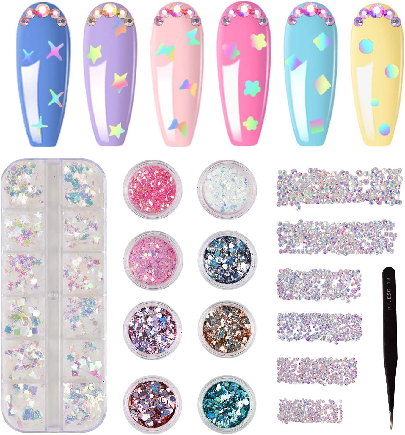 Beetles 3D Nail Art Glitter and Rhinestones Kit, 6 sizes Holographic Round Nail Crystal AB Rhinestone,12 Patterns Nail Glitter Iridescent Mermaid Nail Sequins, 8 Colors Splarkly Glitter with a Twizzer