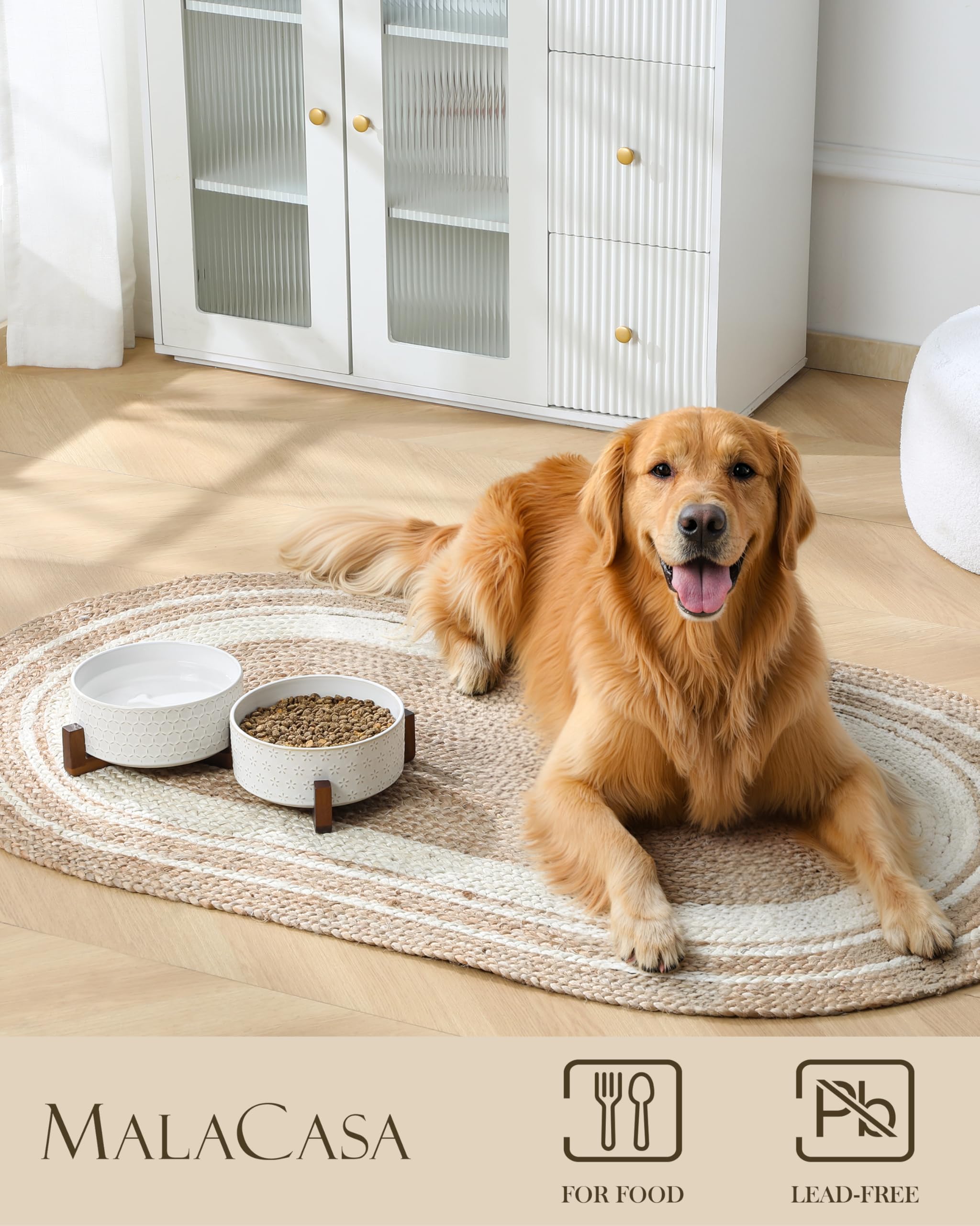MALACASA Juego de cuencos para perros con soporte de madera de nogal, 6 tazas de cerámica para cachorros, cuencos dobles para alimentos y agua con base antideslizante, cuencos básicos para tu perro