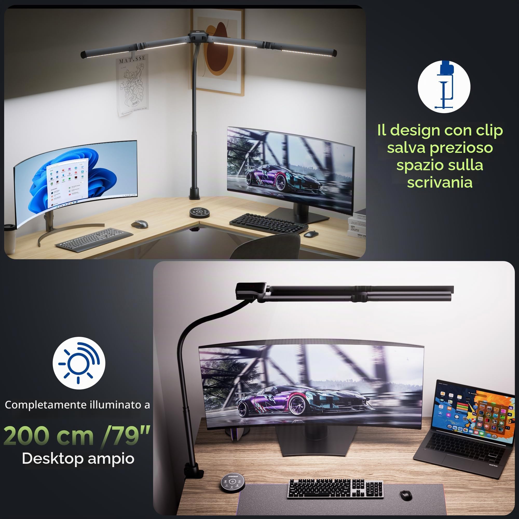EYOCEAN, lampada da scrivania a 4 sorgenti luminose, 24 W, 100 cm, luce diurna con telecomando, lampada per display dimmerabile, lampada da scrivania a collo di cigno, lampada per ord