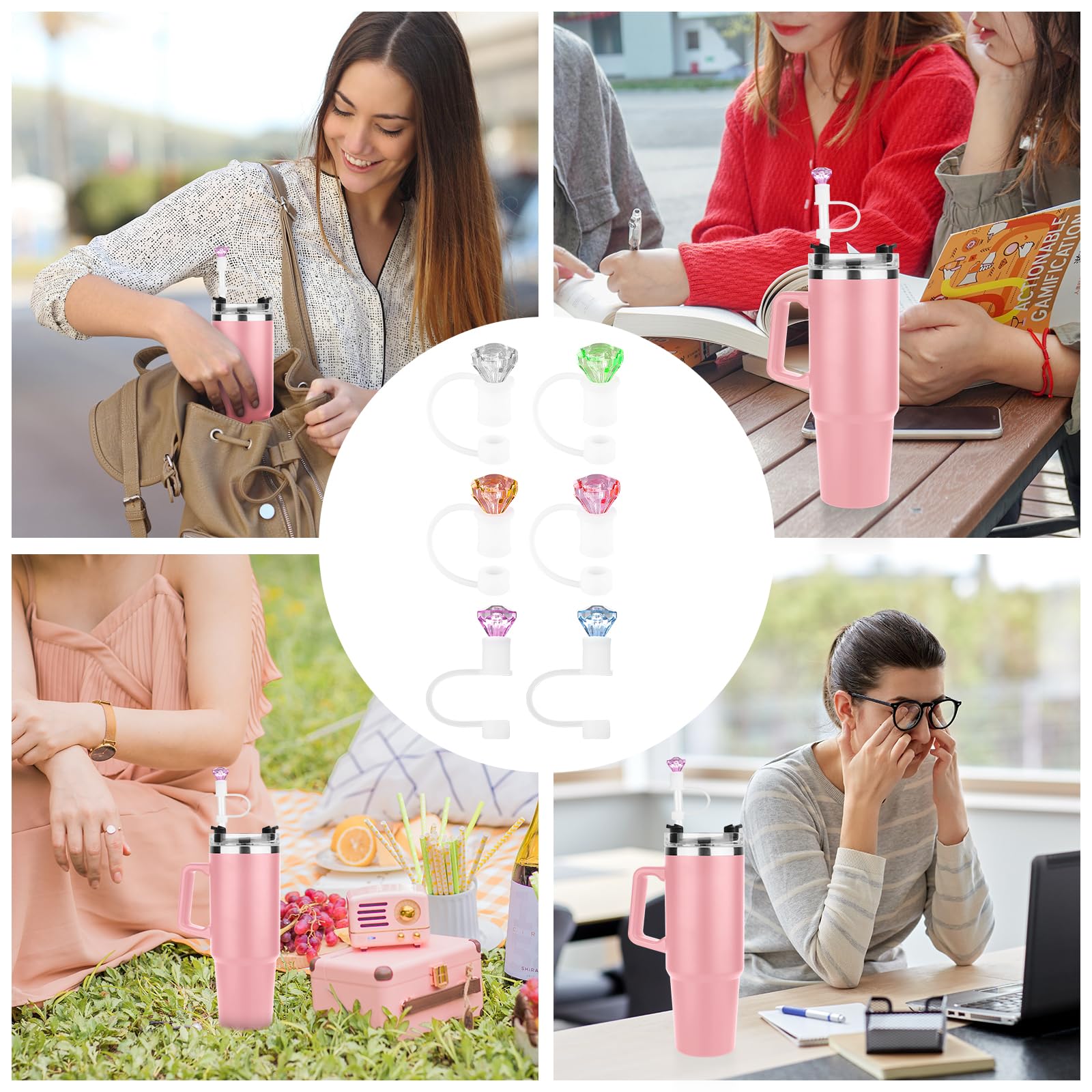 12 Uds Adornos de Pajita de Diamante para Stanley Taza de 30/40oz, Reutilizables Cubierta de Pajitas de Diamante Tapa de Pajita de Silicona para Vasos Tapón para Pajitas para Vaso Accesorios