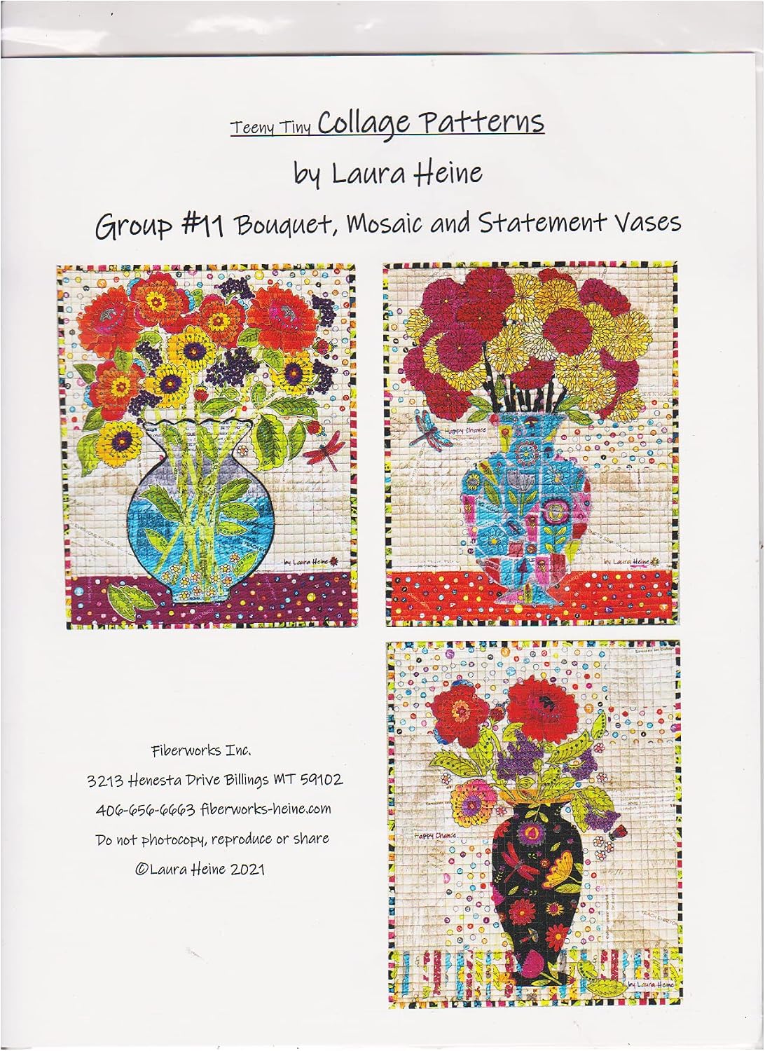 Laura Heine Quilt Pattern for Fiberworks Inc - Teeny Tiny Collage Patterns Group 11: Bouquet, Mosaic, and Statement Vases