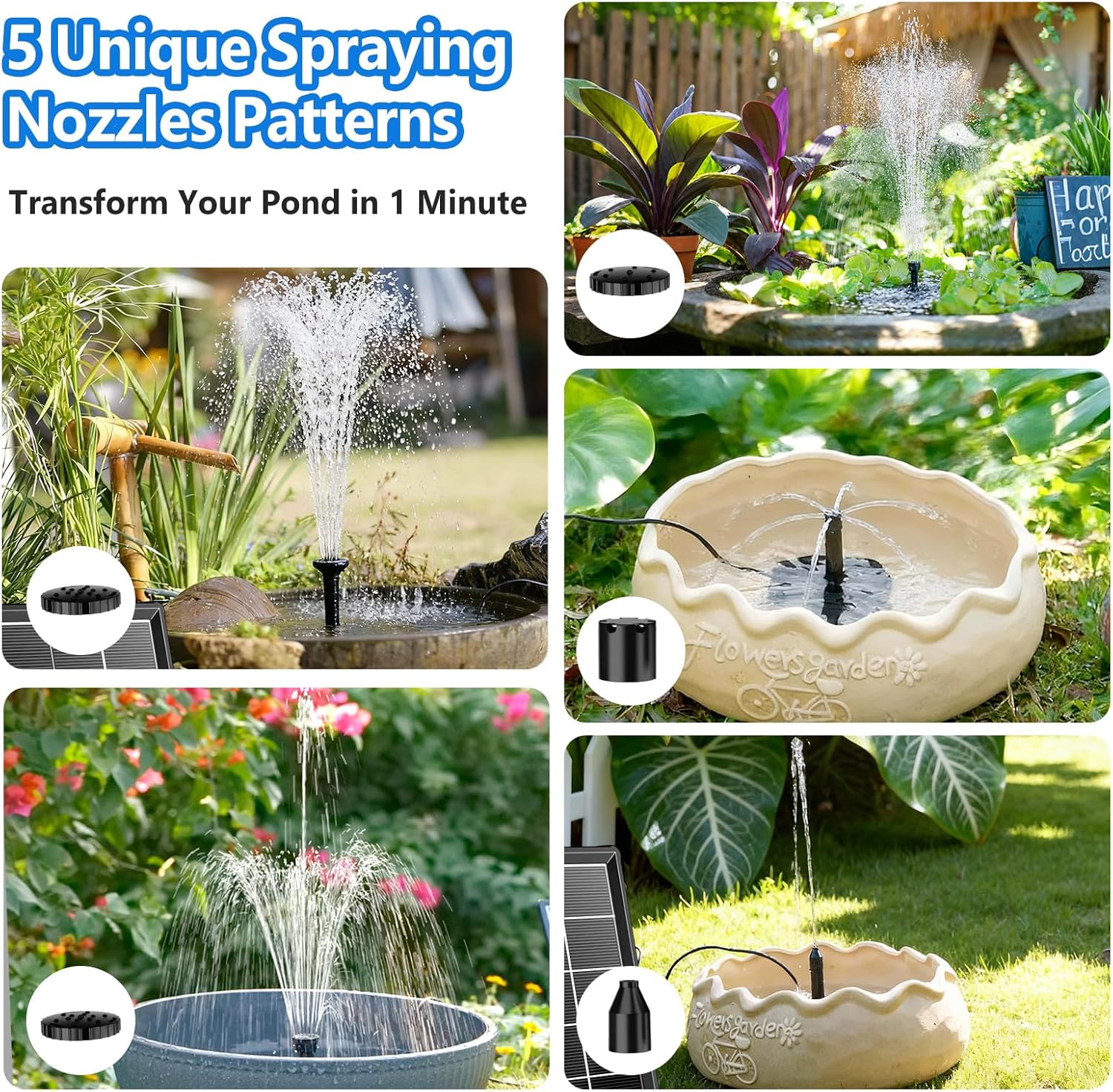 NFESOLAR 4W Solar Fountain Pump for Bird Bath, Solar Powered Water Fountain with Filter Box, Ceramic Ball Filtration, 5 Nozzles, 3.94FT PVC Tubing for Birdbath, Garden, Small Pond & DIY Water Features