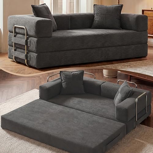 GRUSIGN 78" 5-in-1 Convertible Futon Sofa Bed, Boneless Corduroy, Gray
