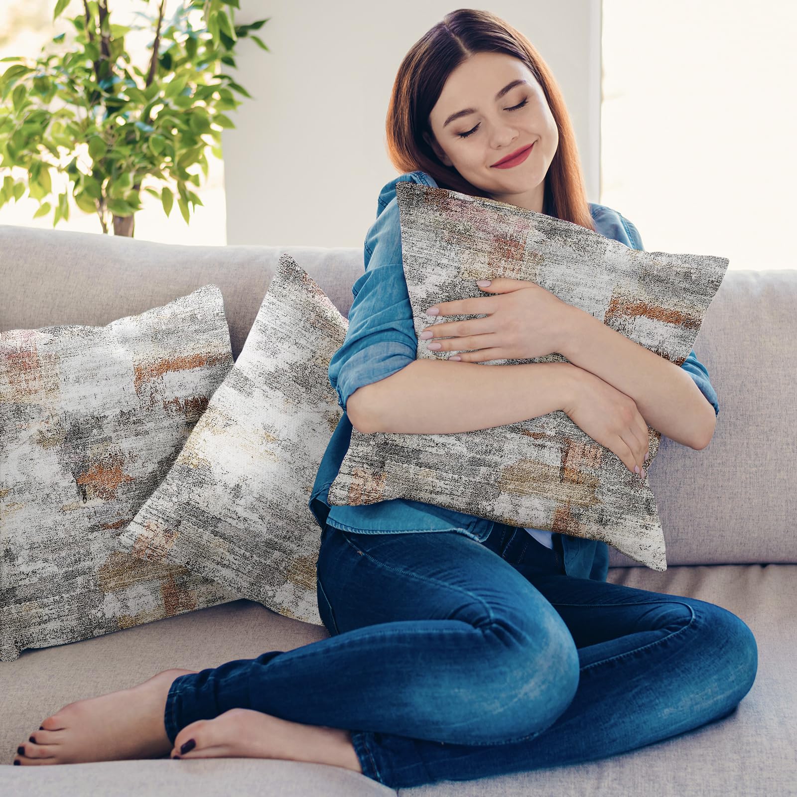XPHZZL Pack of 2 Gray/Rust Cushion Covers 65cm x 65cm Decorative Square Throw Pillow Covers Home Abstract Style Decor Pillow Cases for Sofa Bedroom Dining Room and Farmhouse 26x26 Inch - Image 4