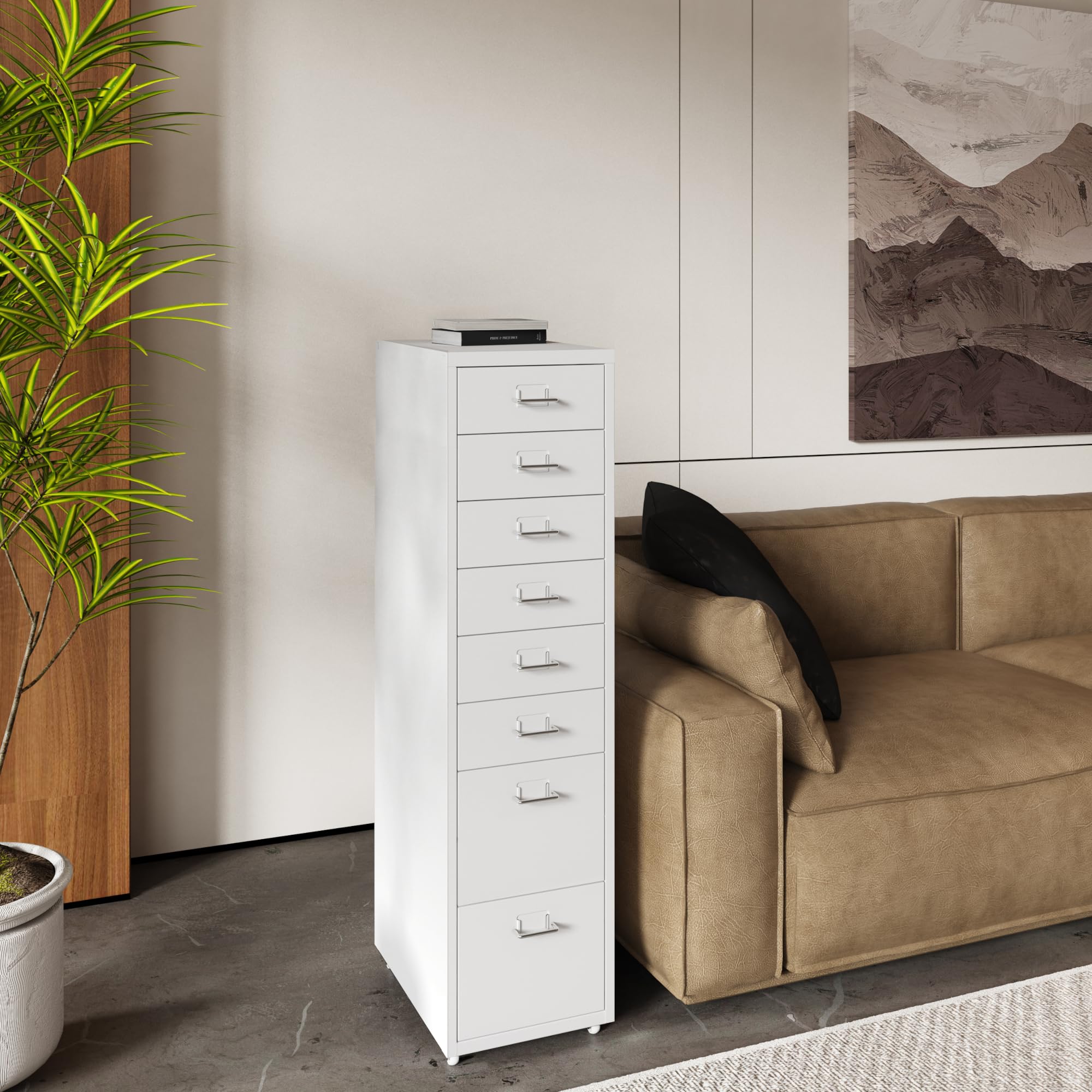[en.casa] Archivador Móvil Organizador de Oficina con 6+2 Cajones Portaetiquetas Gabinete de Archivos con Ruedas para Despacho Taller 109 x 28 x 41 cm Acero - Blanco