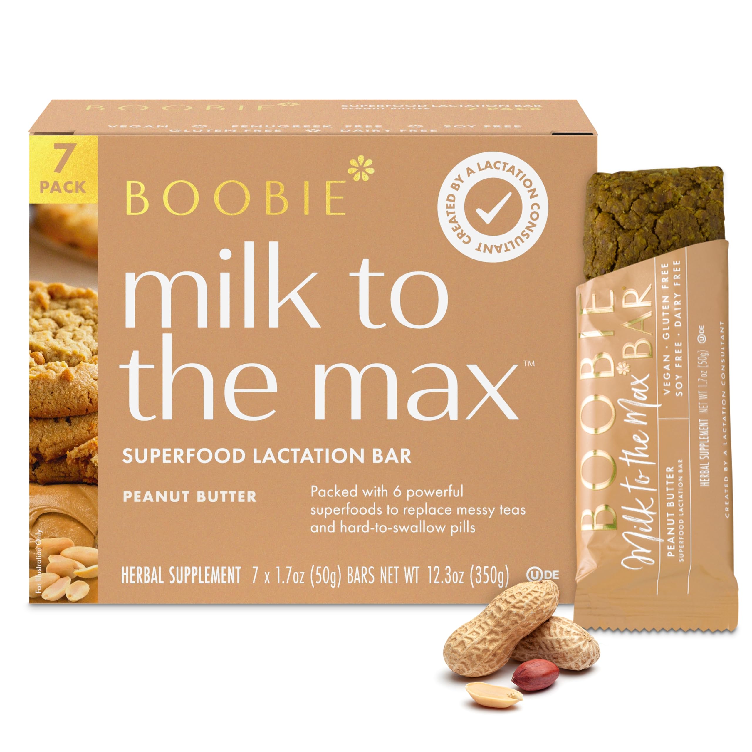 Boobie Bar Superfood Peanut Butter Lactation Bar for Breastfeeding Moms to Increase Milk Supply | #1 Selling Lactation Snack Bars | Vegan, Fenugreek-Free, Gluten-Free, Dairy-Free (7 Bars)