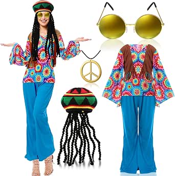 60s 70s Hippie Costume Set For Girls - Boho Dress With Headband, Necklace, Earrings & Sunglasses (6 Piece) - View #3