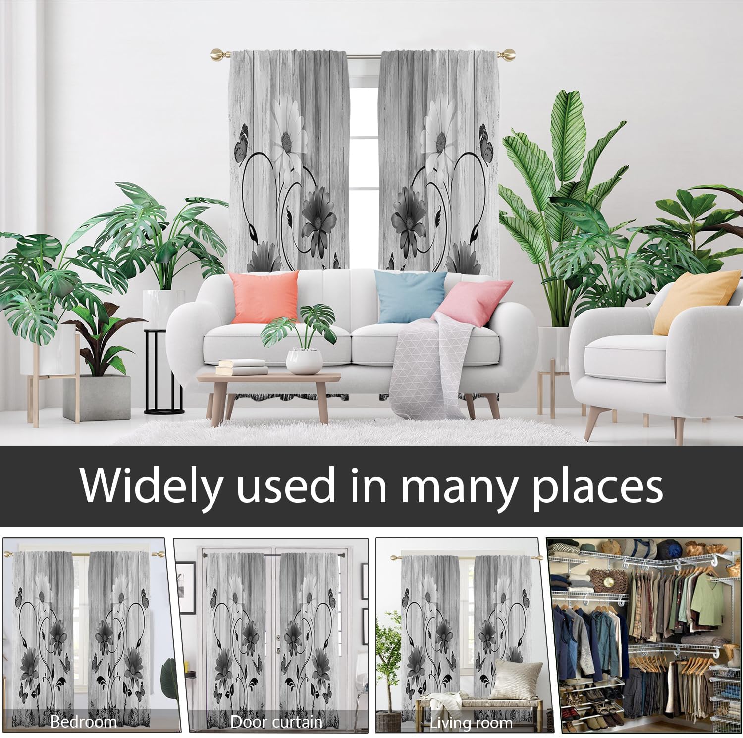 AAtter Floral Window Curtain Flower Cute Black and White Rustic Retro Butterfly Gray Daisy Spring Long Living Room Bedroom Rod Pocket Drapes Treatment Fabric 1 Pair Home Decor, 42" W x 84" L, Country