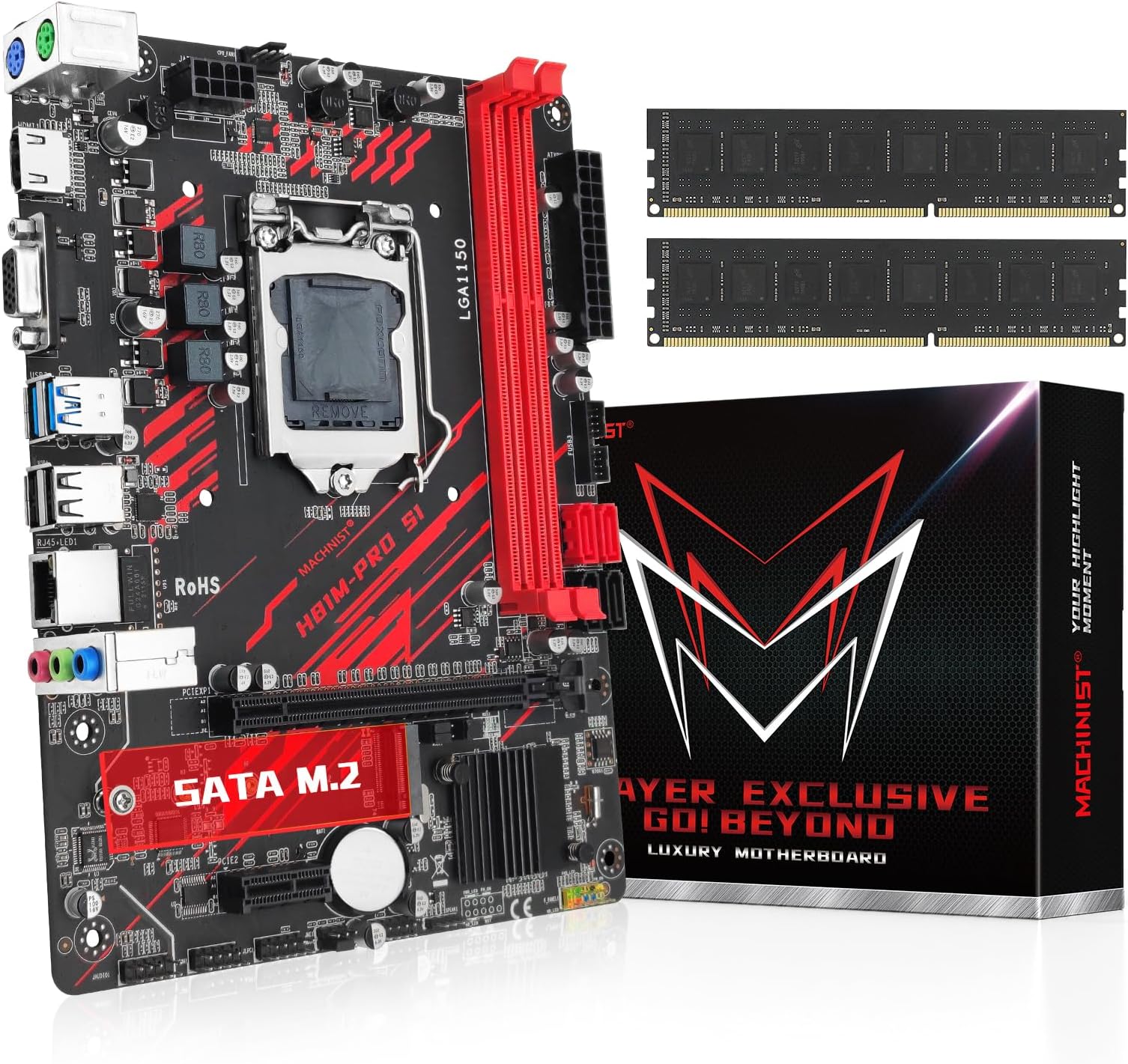 MACHINISTH81 Motherboard and 2x8GB DDR3 Memory, Intel 4th Gen LGA 1150 Motherboard with 1600MHz 1.5V CL11 RAM (Micro ATX, PCIe 2.0, NGFF M.2, Gigabit LAN) UDIMM for Core i3,i5,i7/Xeon E3 V2/Pentium