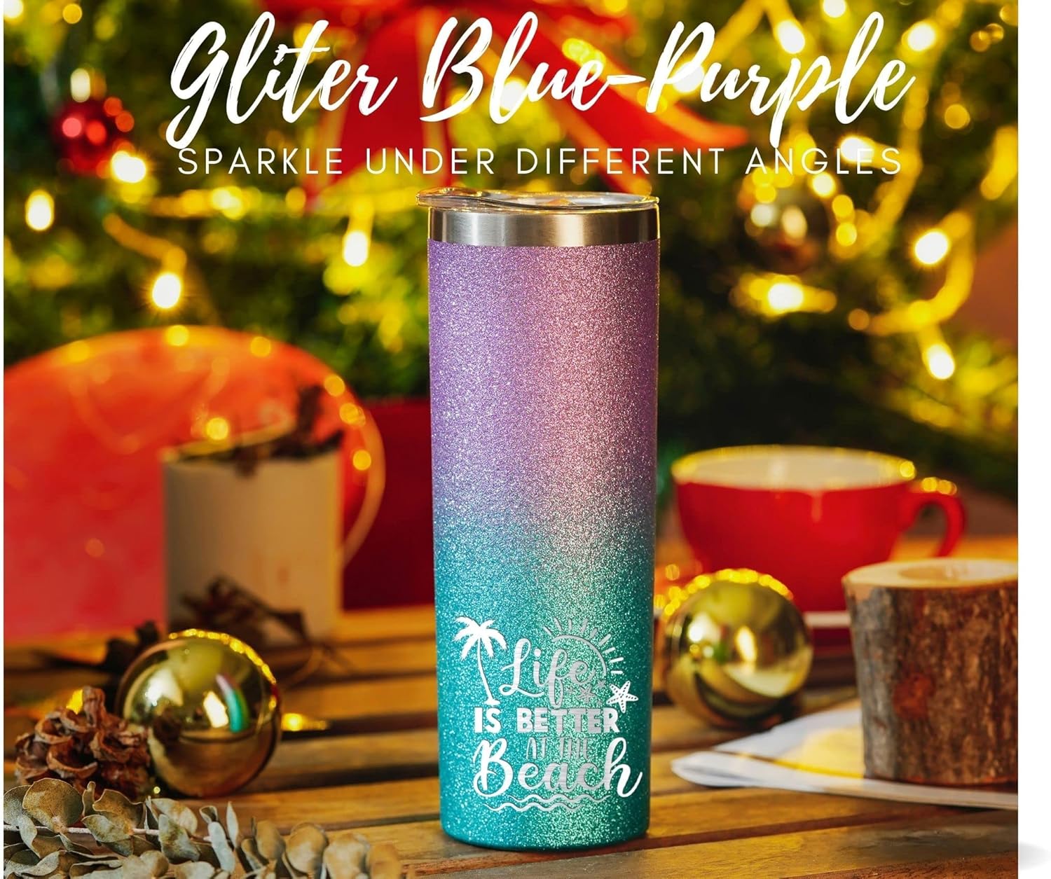 Onebttl Skinny Tumbler with Lid and Straw, 20Oz Glitter Blue & Purple, Beach Themed Gift for Beach Lovers - Image 4