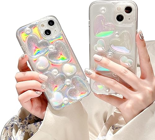 Funda para iPhone 14 con forma de corazones láser, diseño de corazón, color arcoíris, 3D, con purpurina de corazón, transparente, con hoja de radio,