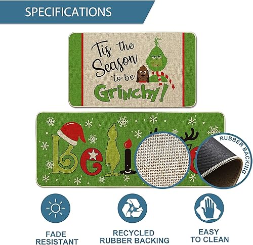 Miniatura 4 de EOHX Grinch - Juego de 2 alfombras y tapetes de cocina, antideslizantes, lavables, resistentes a las manchas y a la decoloración, adecuadas para