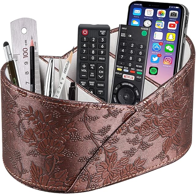 BLIENCE PU Leather TV Remote Holder,Ingot Shape Remote Control Holder with 3 Compartments,Desk Remote Caddy Storage Organizer for Controller, Media Player,Mobile Phone Office Stationery Storage