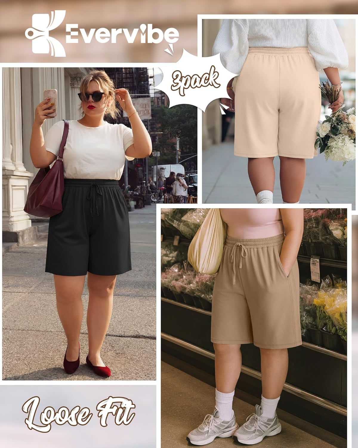 3 Pack Women's Plus Size Bermuda Shorts, Drawstring Elastic Waist Bermuda Active Summer Casual Shorts with Pockets