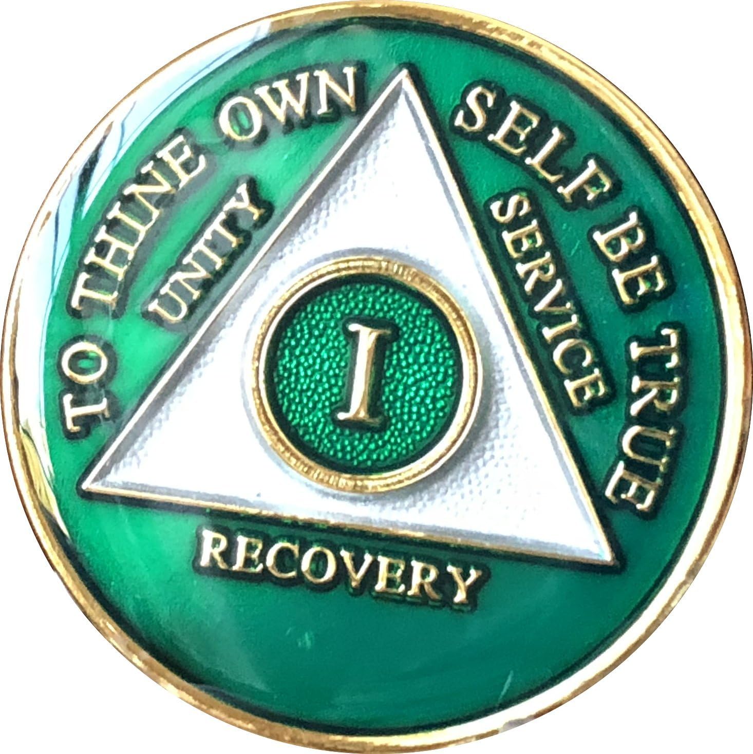 Recovery Mint 1 Year AA Medallion Metallic Green Tri-Plate Gold Plated Chip