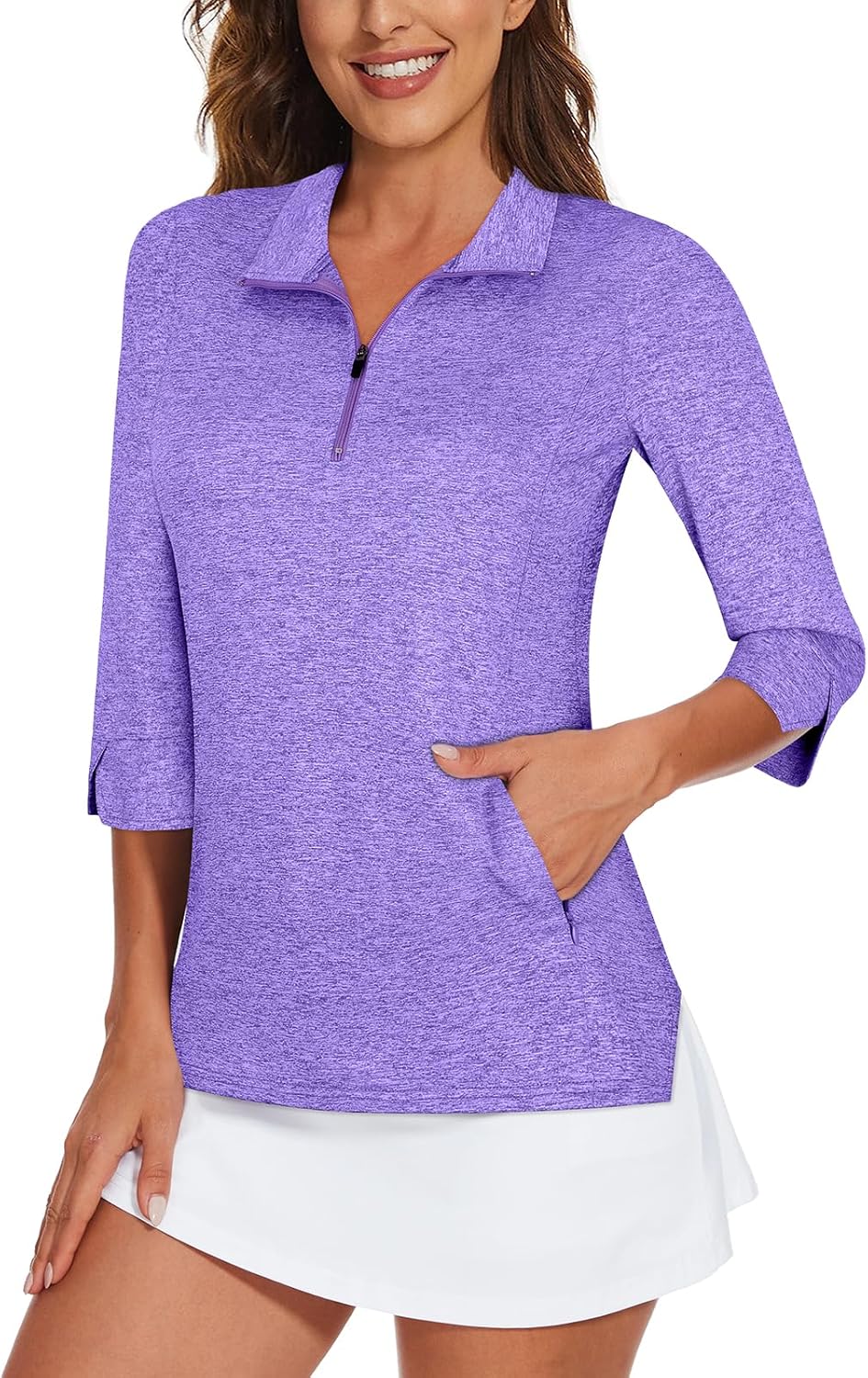 Viracy Women's Golf Shirts 3/4 Sleeve Sun Protection Quarter Zip with Zipper Pockets Athletic Polo Workout Tops S-2XL
