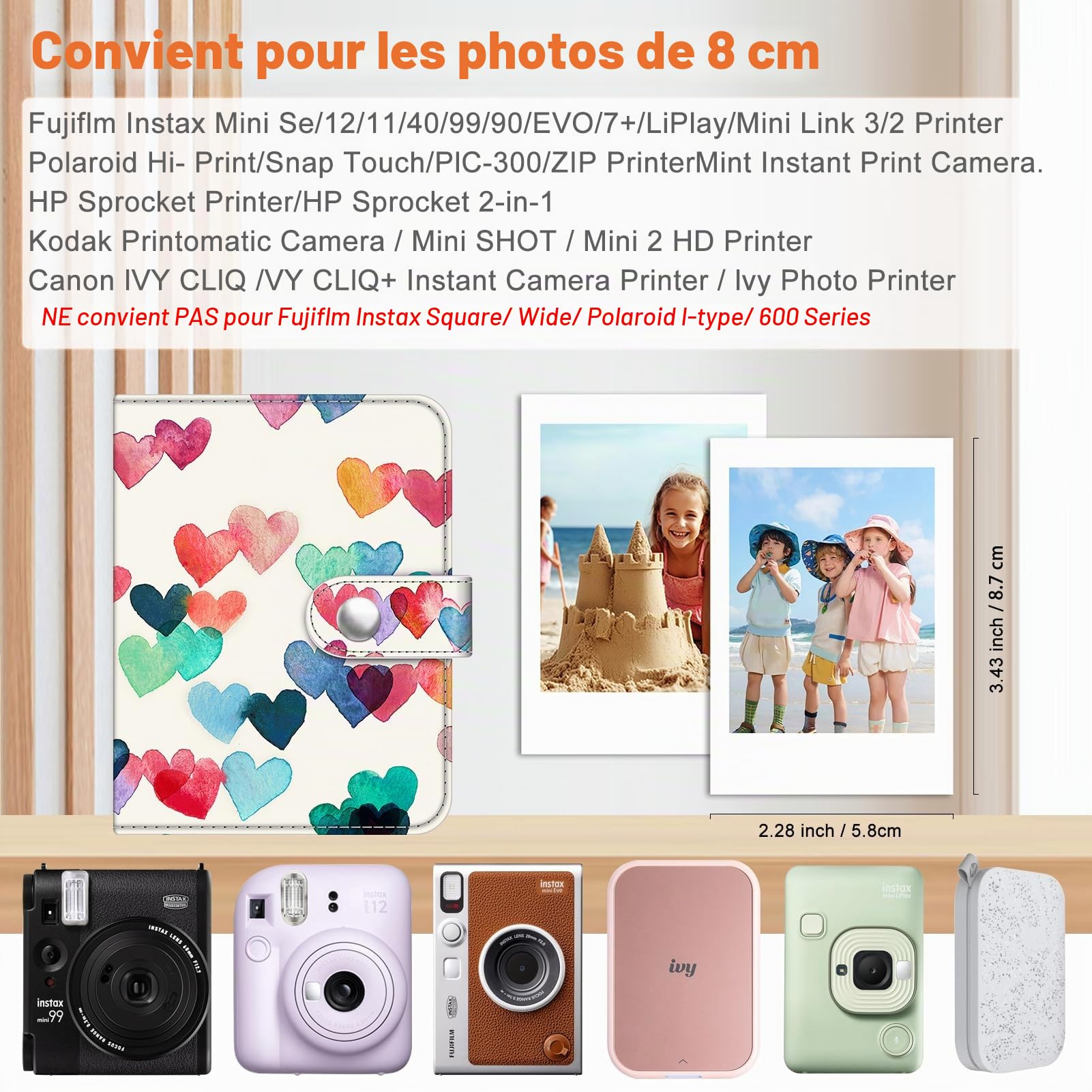 FINTIE Mini Album Photos pour Photo 2 x 3 Pouces (5.4 x 8.6 cm), 52 Photo, Album Photo pour Fujifilm Instax Mini Se/12/11/40/99/7+/LiPlay, Polaroid Hi-Print etc, Coeurs Pluie