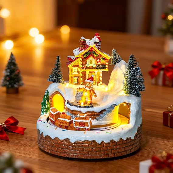 ZQQLITE Animated Collection Figurines Musical Christmas Gingerbread Candy Village Houses with Rotating Train, Lighted Christmas Collection Figurines for Home Tabletop Decorations Ornaments Gifts