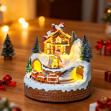 ZQQLITE Animated Collection Figurines Musical Christmas Gingerbread Candy Village Houses with Rotating Train, Lighted Christmas Collection Figurines for Home Tabletop Decorations Ornaments Gifts