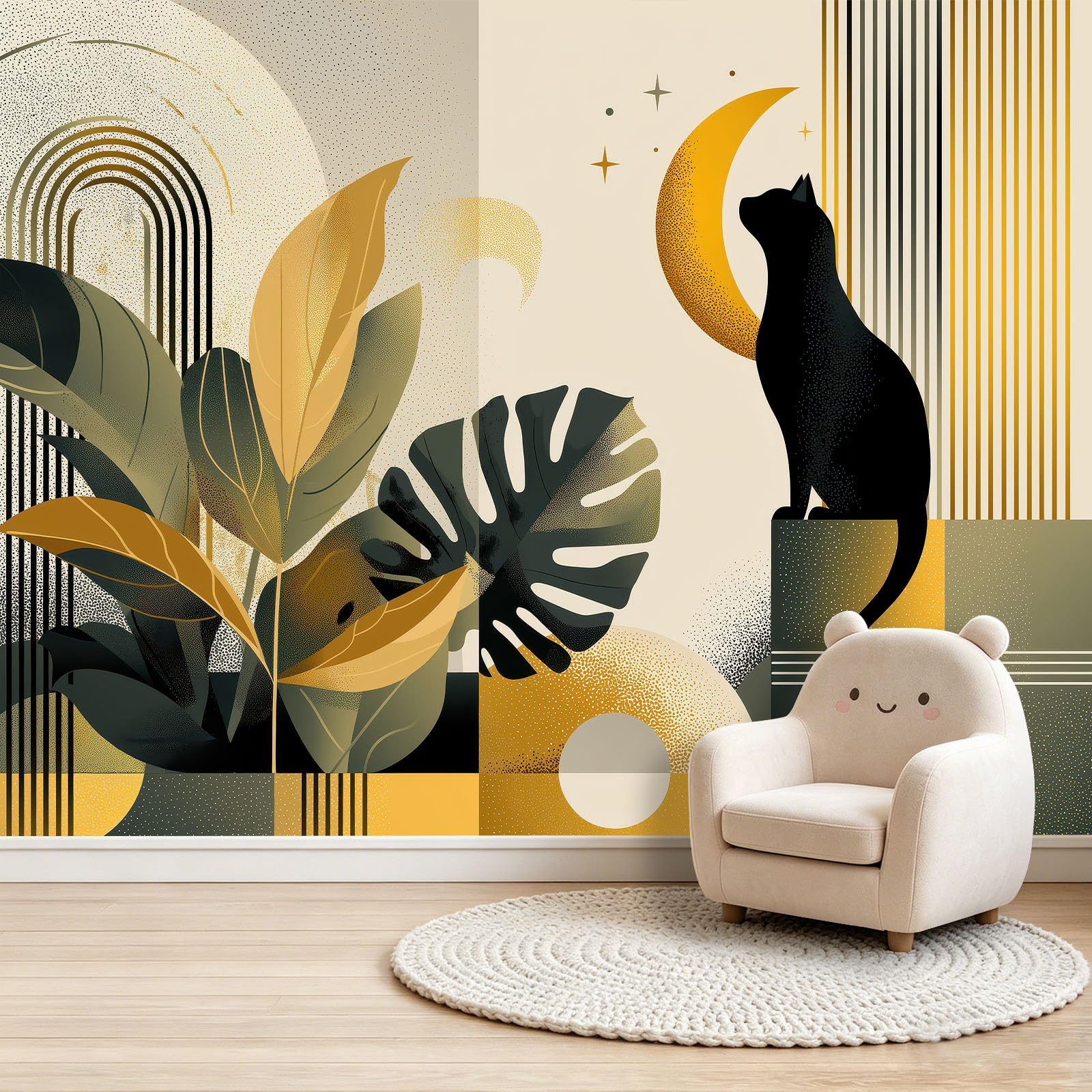 Panoramiczna tapeta z włókniny w połowie wieku, tropikalna, 350 x 256 cm, tapeta z włókniny, do salonu i sypialni, chłopca Mädchen Nursery, Monstera, Gwiazdy