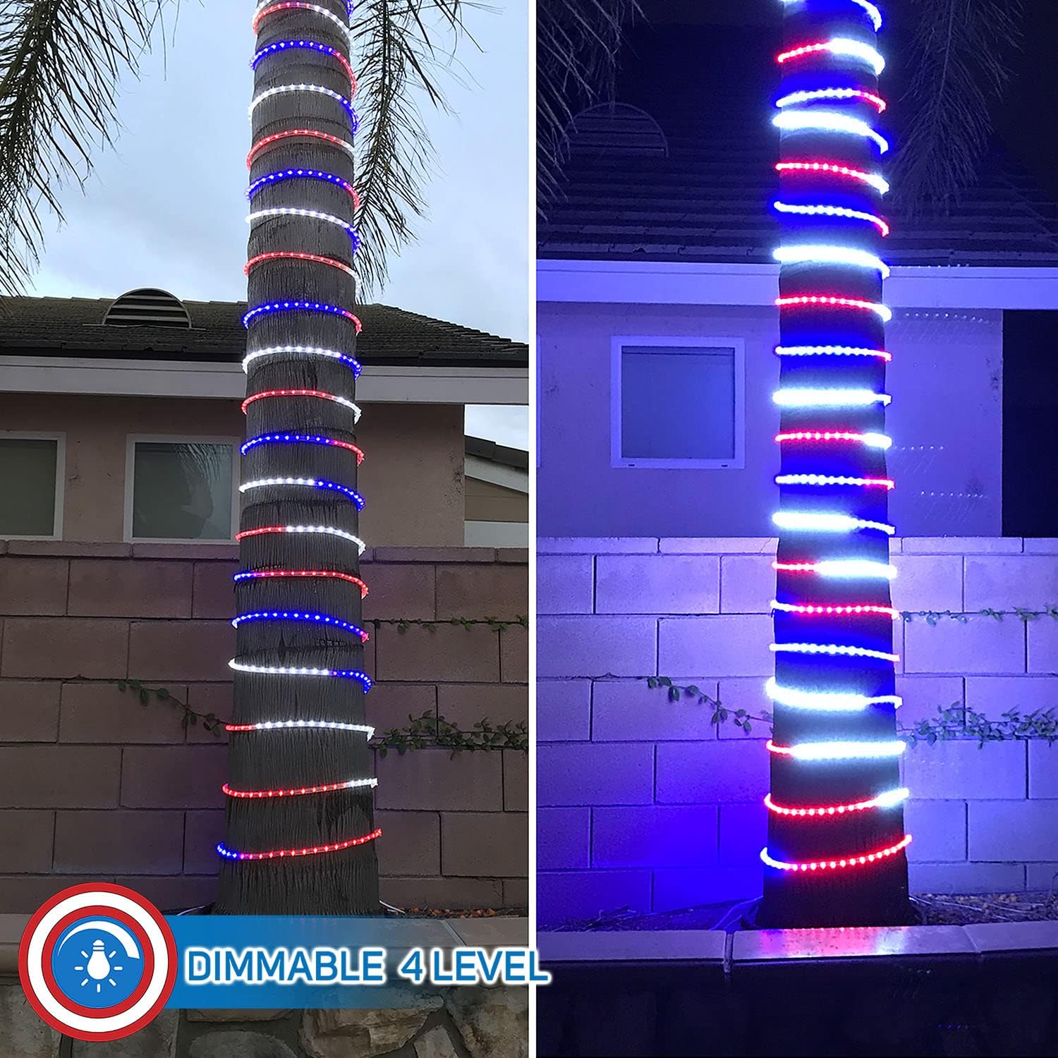 Russell Decor LED Rope Lights Red White Blue Patriotic Lights with 10-Level Dimmable Remote Control Decoration for 4th of July Christmas Outdoor Living Lights (50 feet)