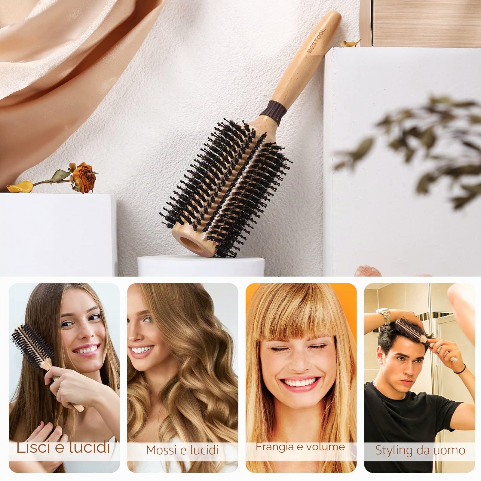 BESTOOL Spazzola rotonda per asciugatura, setole di cinghiale con perni in nylon Spazzola rotonda per capelli, spazzola professionale per lo styling per donne e uomini (Barrel 38mm)