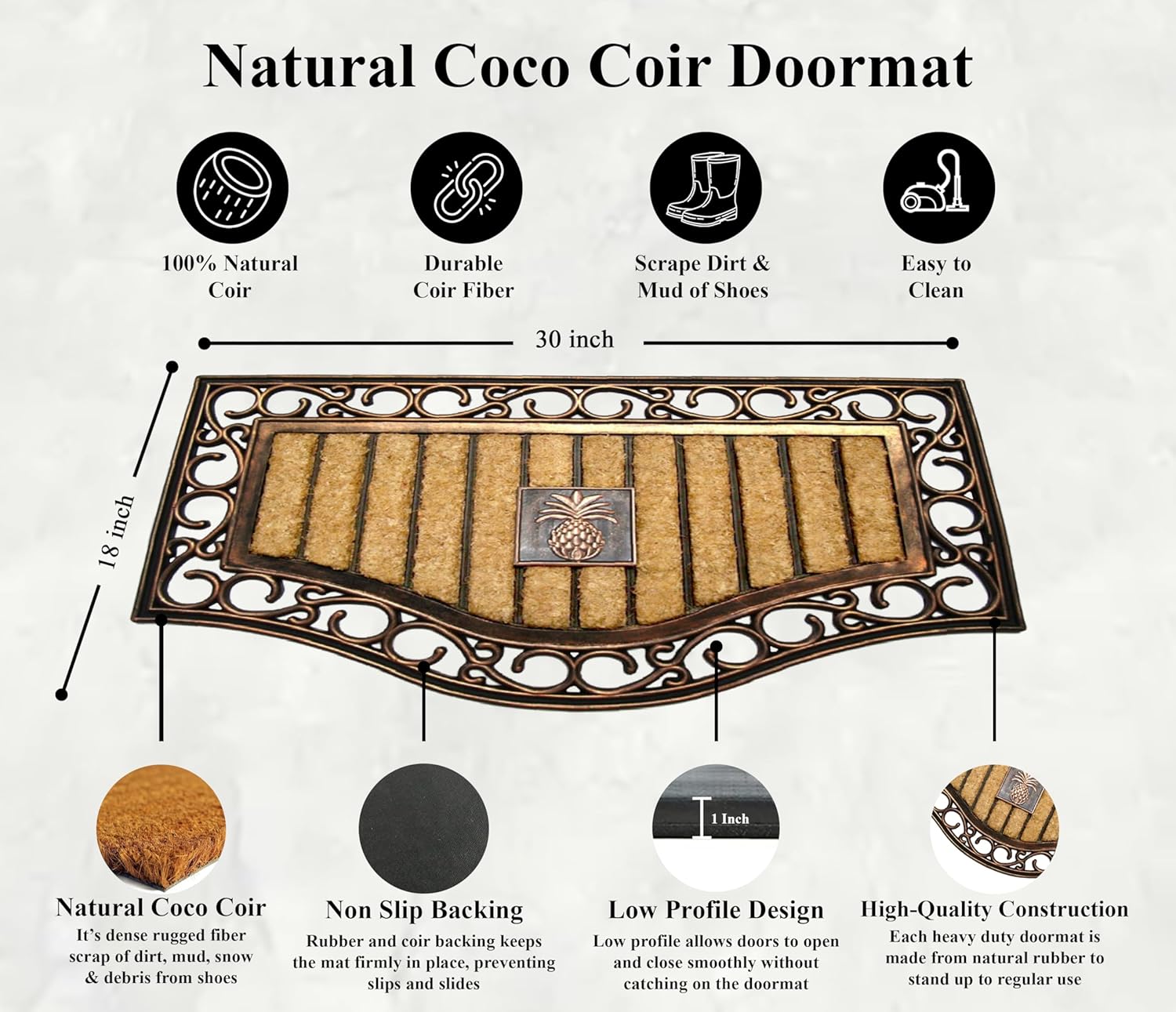 A1HC Natural Coir and Rubber Door Mat, 18" x 30", Thick Durable Doormats for Door Entrance, Heavy Duty, Thin Profile Door Mat, Easy to Clean,Long Lasting Front Door Entry Doormat, Pineapple