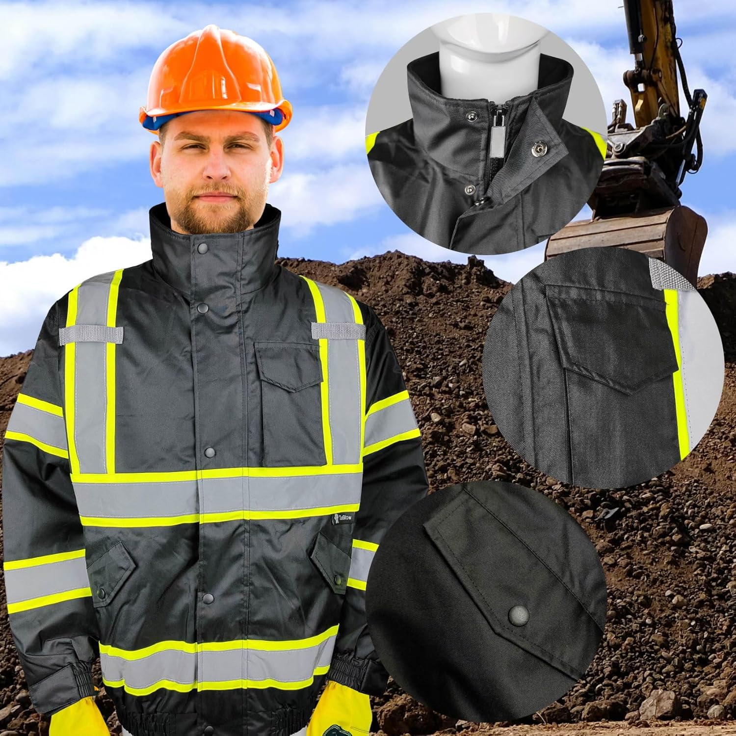 Safety jackets Hi-Vis Waterproof Reflective Winter Bomber Jacket Black/Yellow Color Detachable Hood ANSI Compliant - Image 3