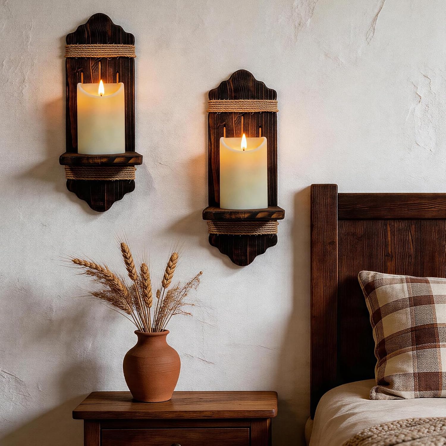 OYEFLY Farmhouse Wall Decor Candle Sconces Set of 2, Rustic Wooden Wall Mounted Shelf for Bedroom Living Room Bathroom, Handmade Wall Art Decor with Floating Storage Display