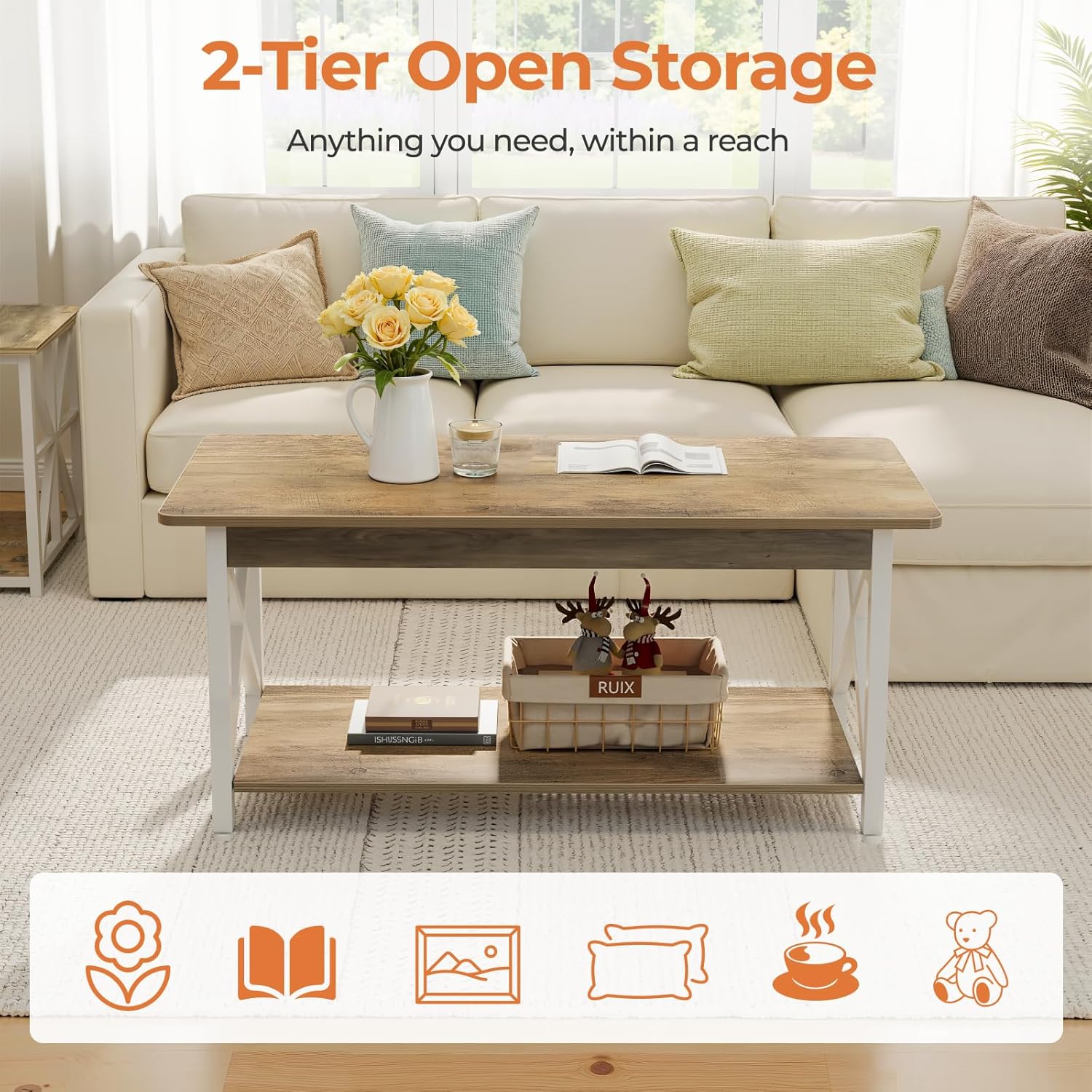 GreenForest Coffee Table with Round Corner, 39.4'' Modern Living Room Table with 2 Tier Storage Shelves, Rustic Industrial Sturdy Center Table Space Saving Easy Assembly, White Gray Wash